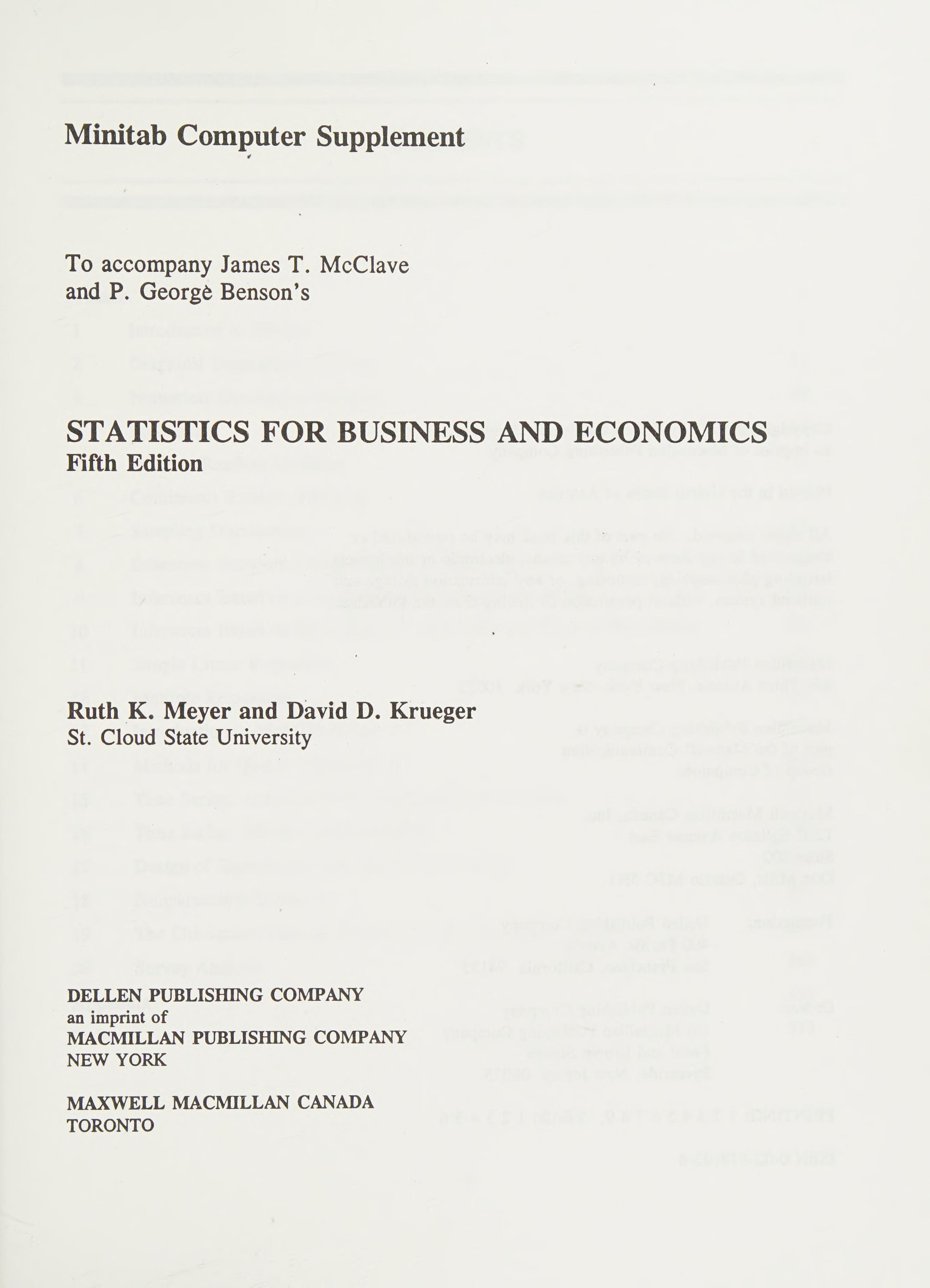 Minitab Computer Supplement To Accompany Statistics For Business And Economics 5th Edition Mcclave Benson