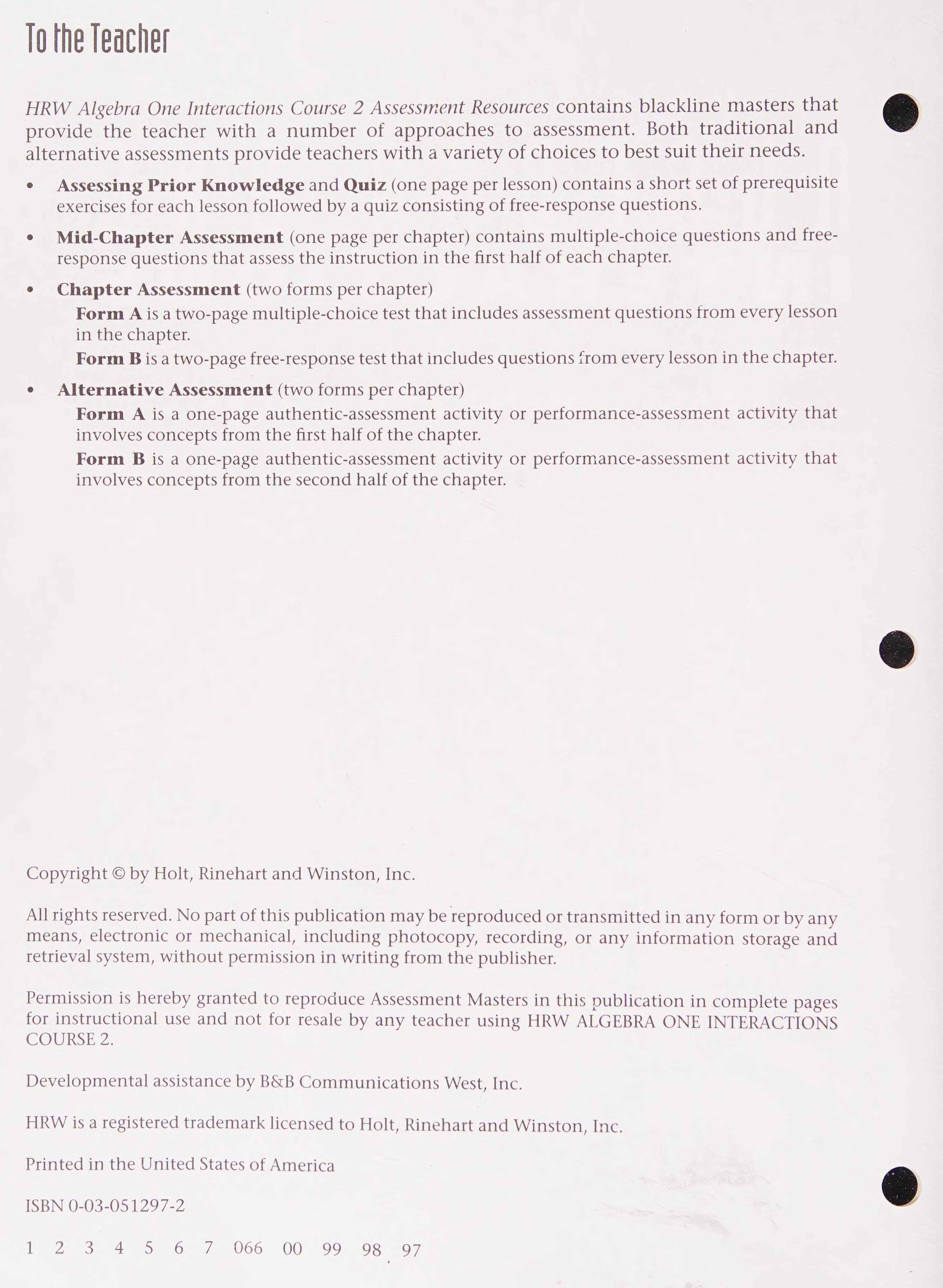 Algebra One Interactions Course 2, Assessment Resources