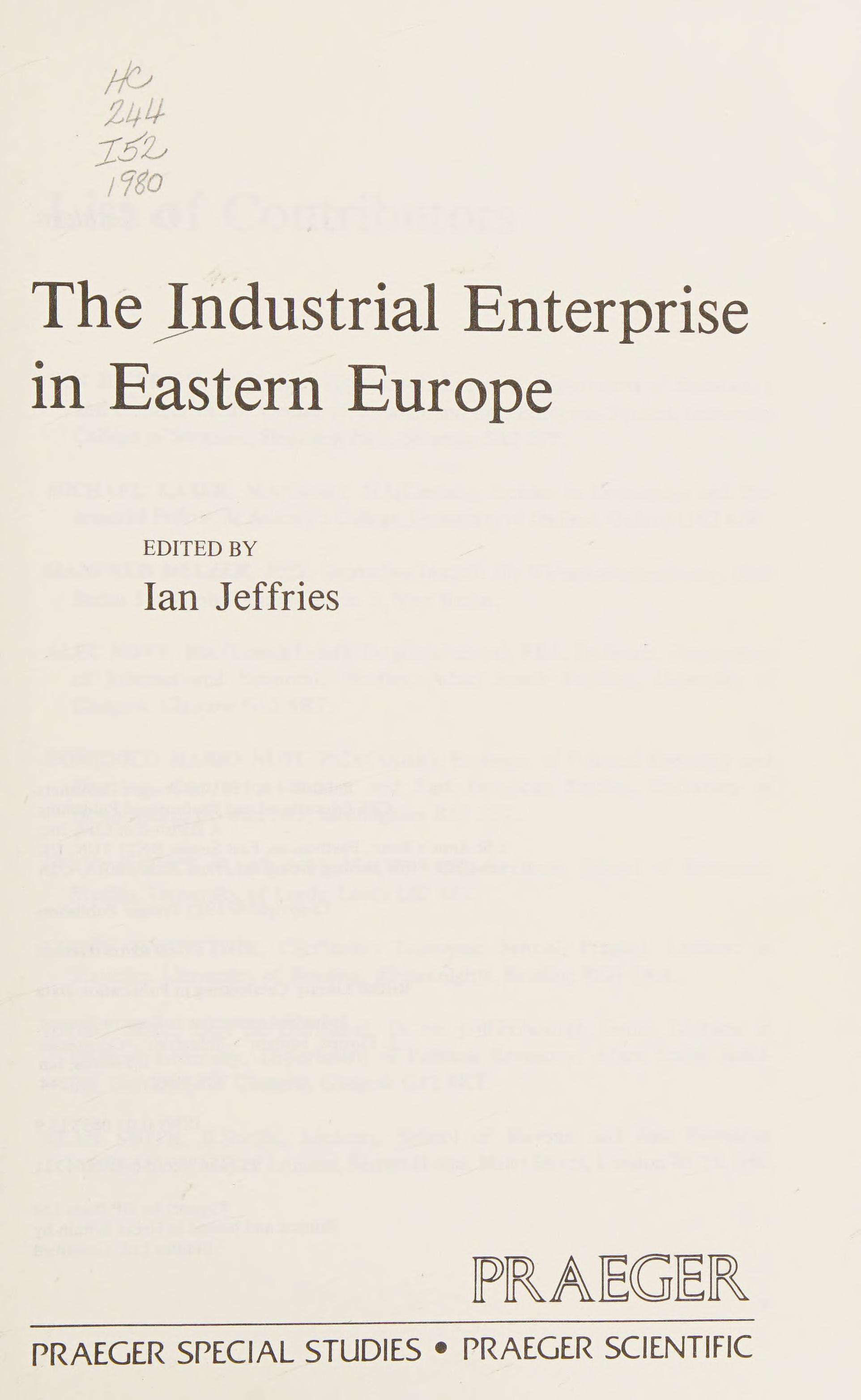 The Industrial Enterprise In Eastern Europe