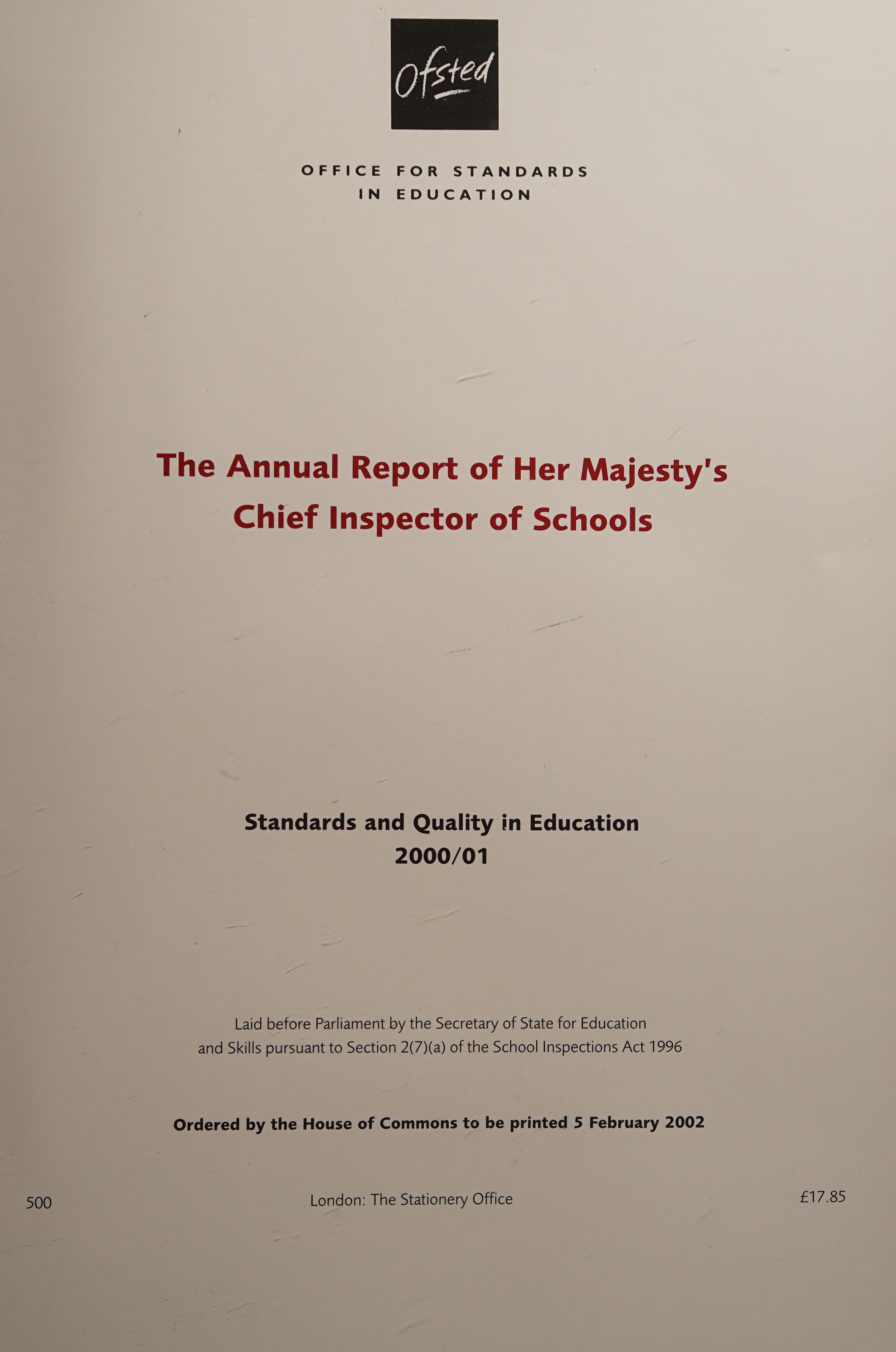 Annual Report Of Her Majesty'S Chief Inspector Of Schools 2000-2001: Standards And Quality In Education