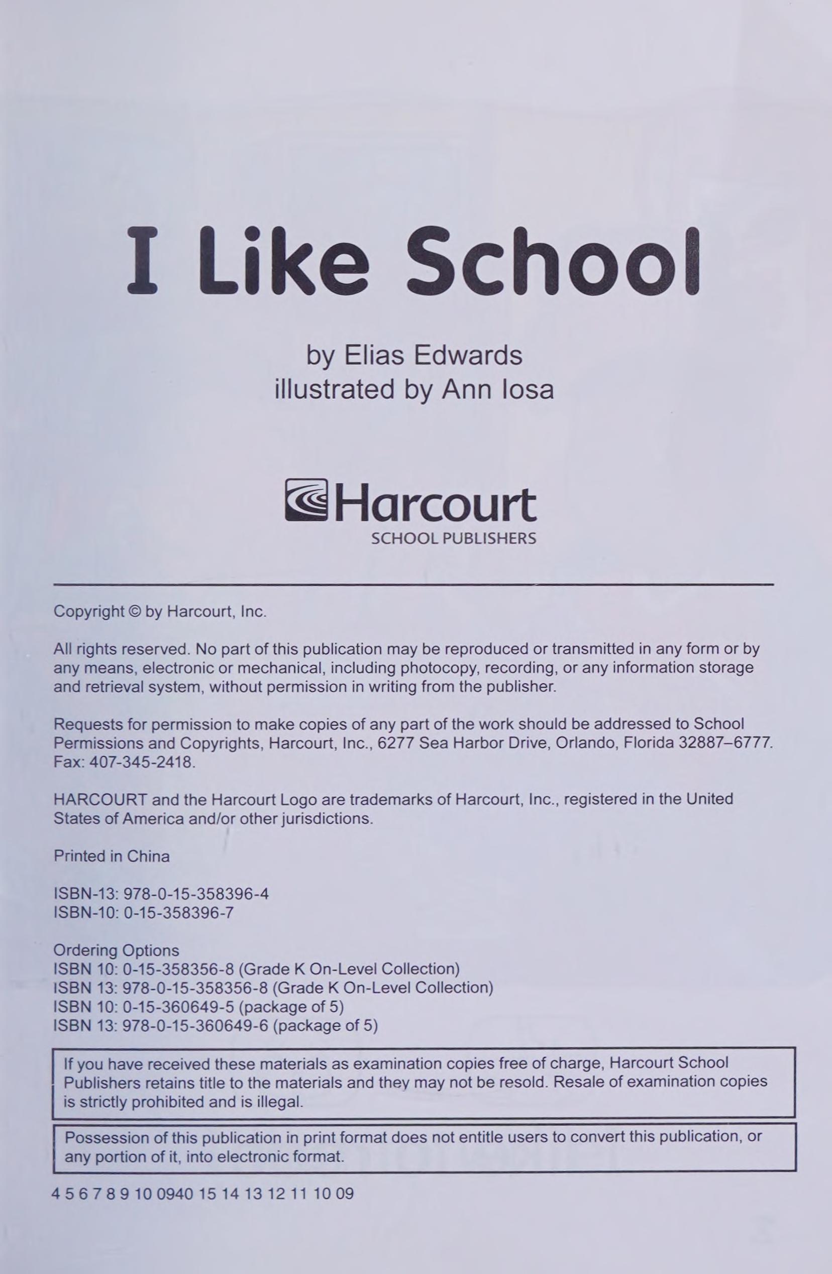 I Like School, on-Level Reader Grade K