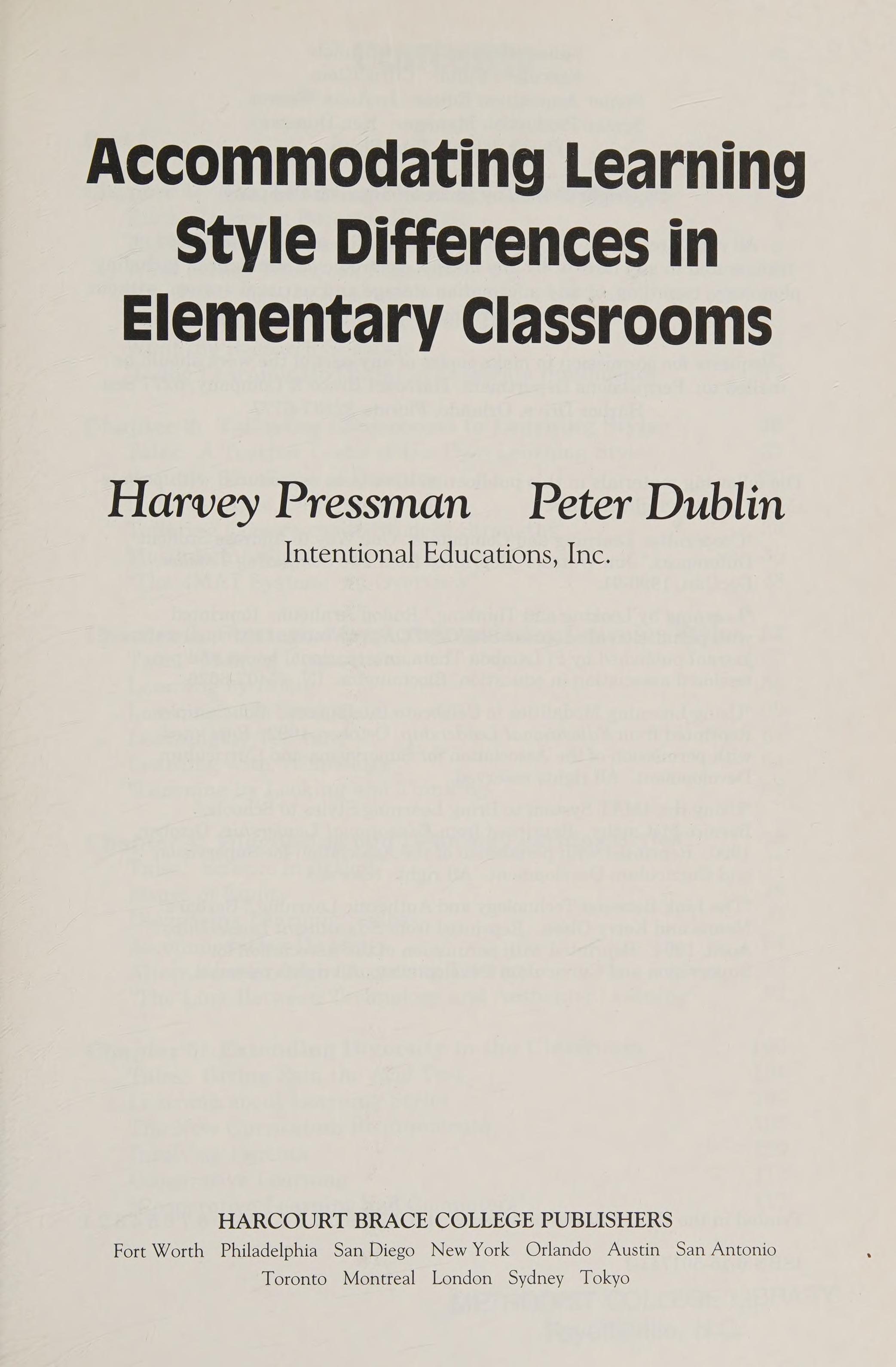 Accommodating Learning Style Differences In Elementary Classrooms