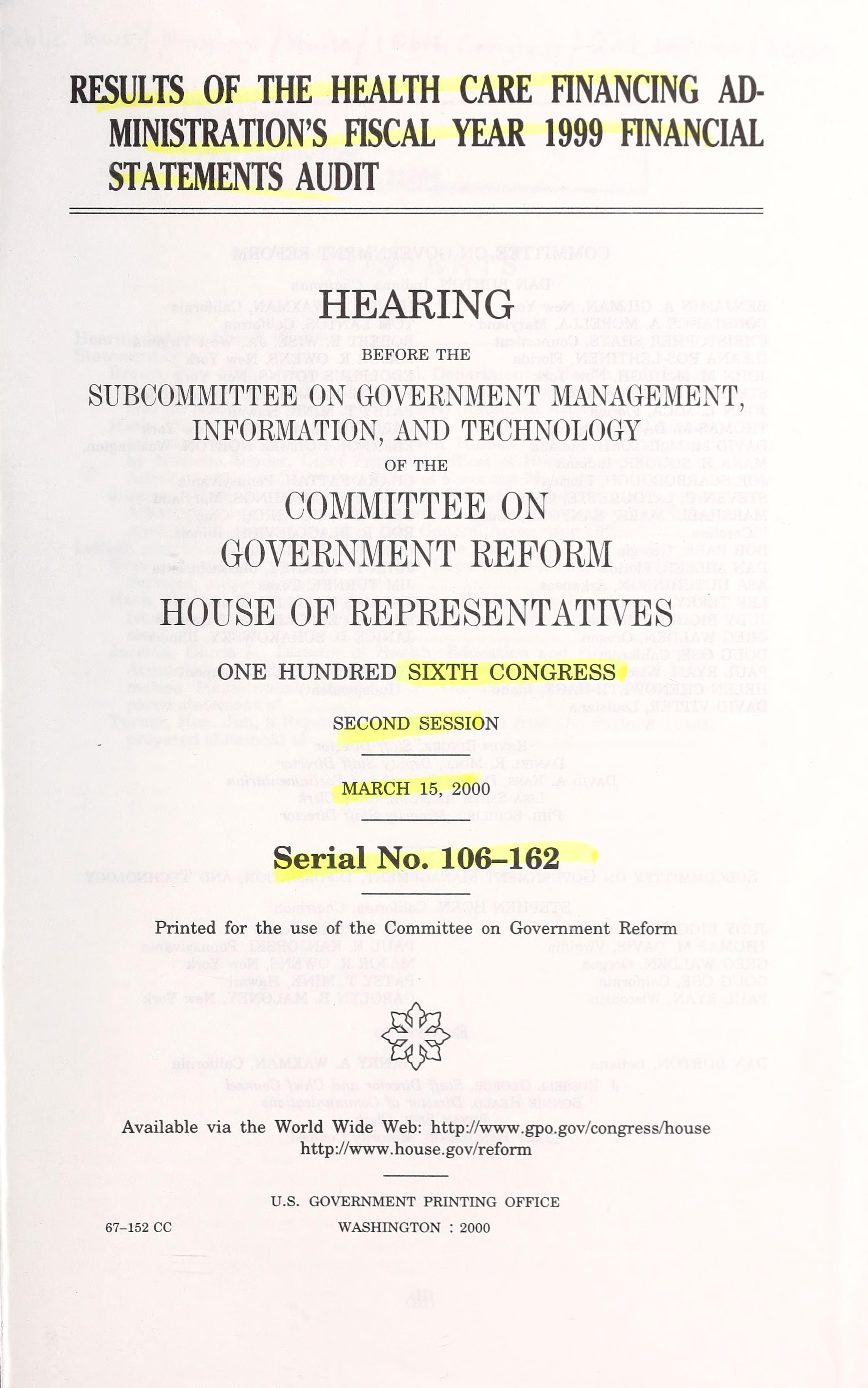 Results of the Health Care Financing Administration's Fiscal Year 1999 Financial Statements Audit