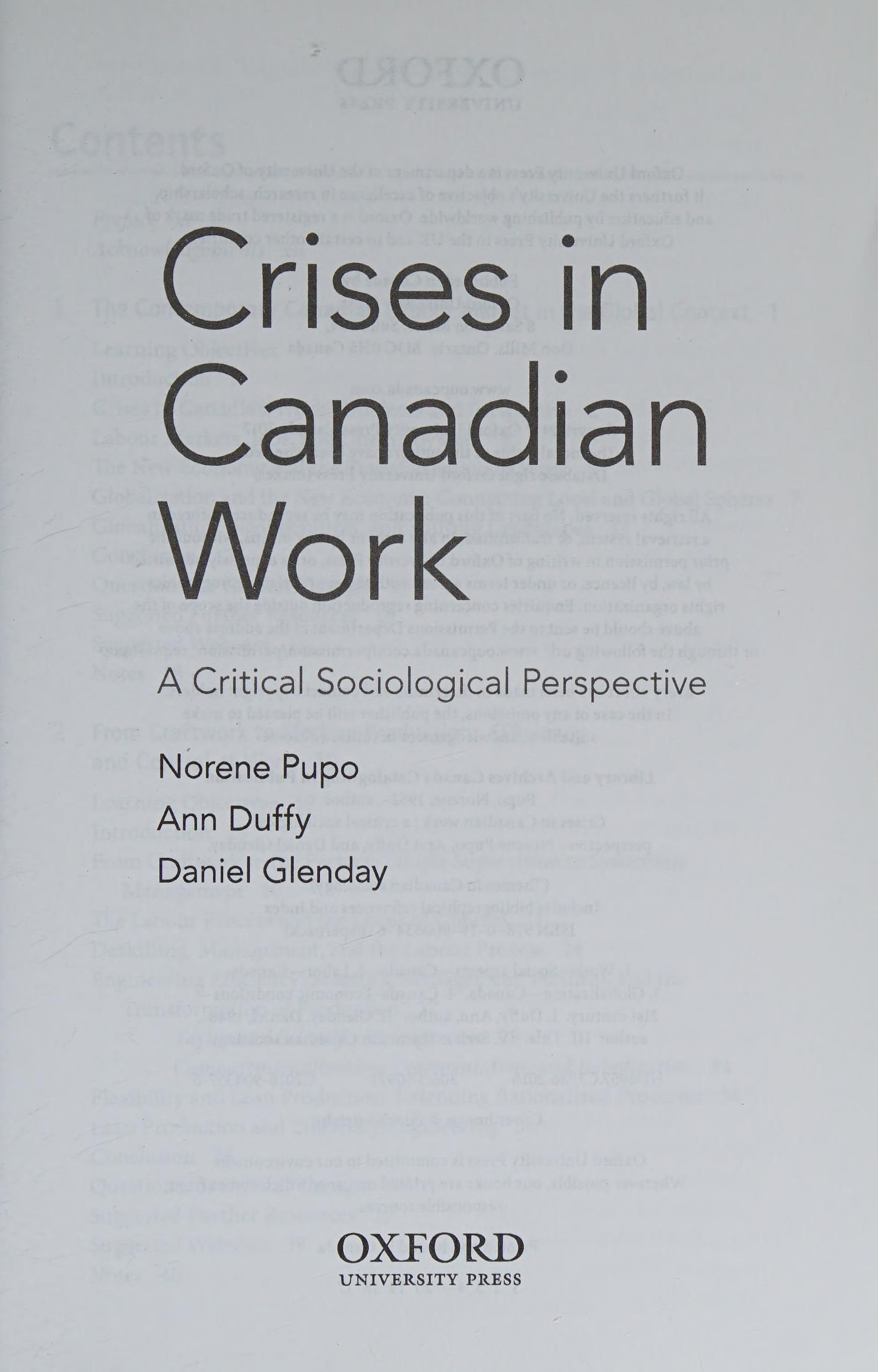 Crises In Canadian Work: A Critical Sociological P