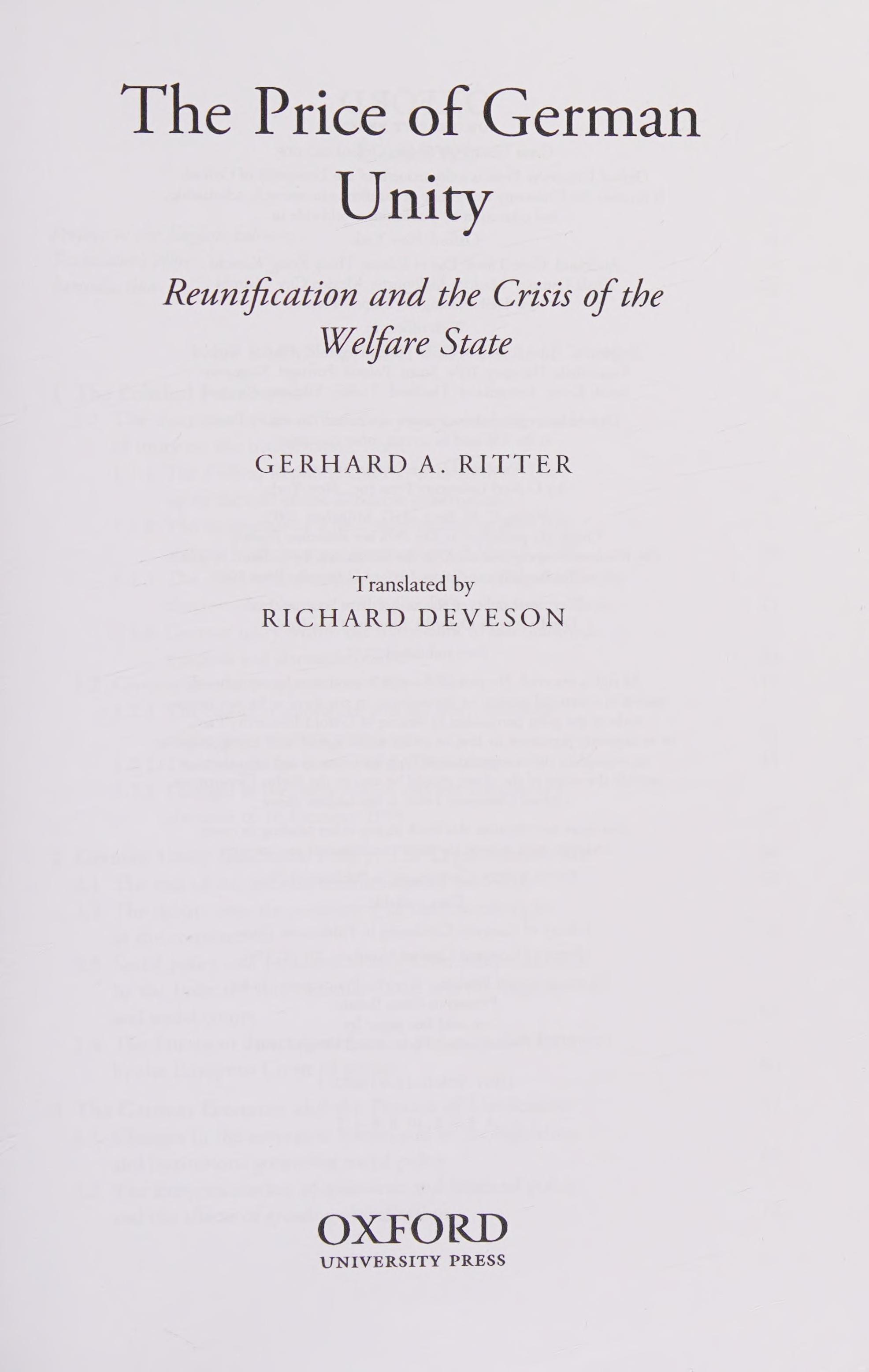 The Price Of German Unity: Reunification And The Crisis Of The Welfare State