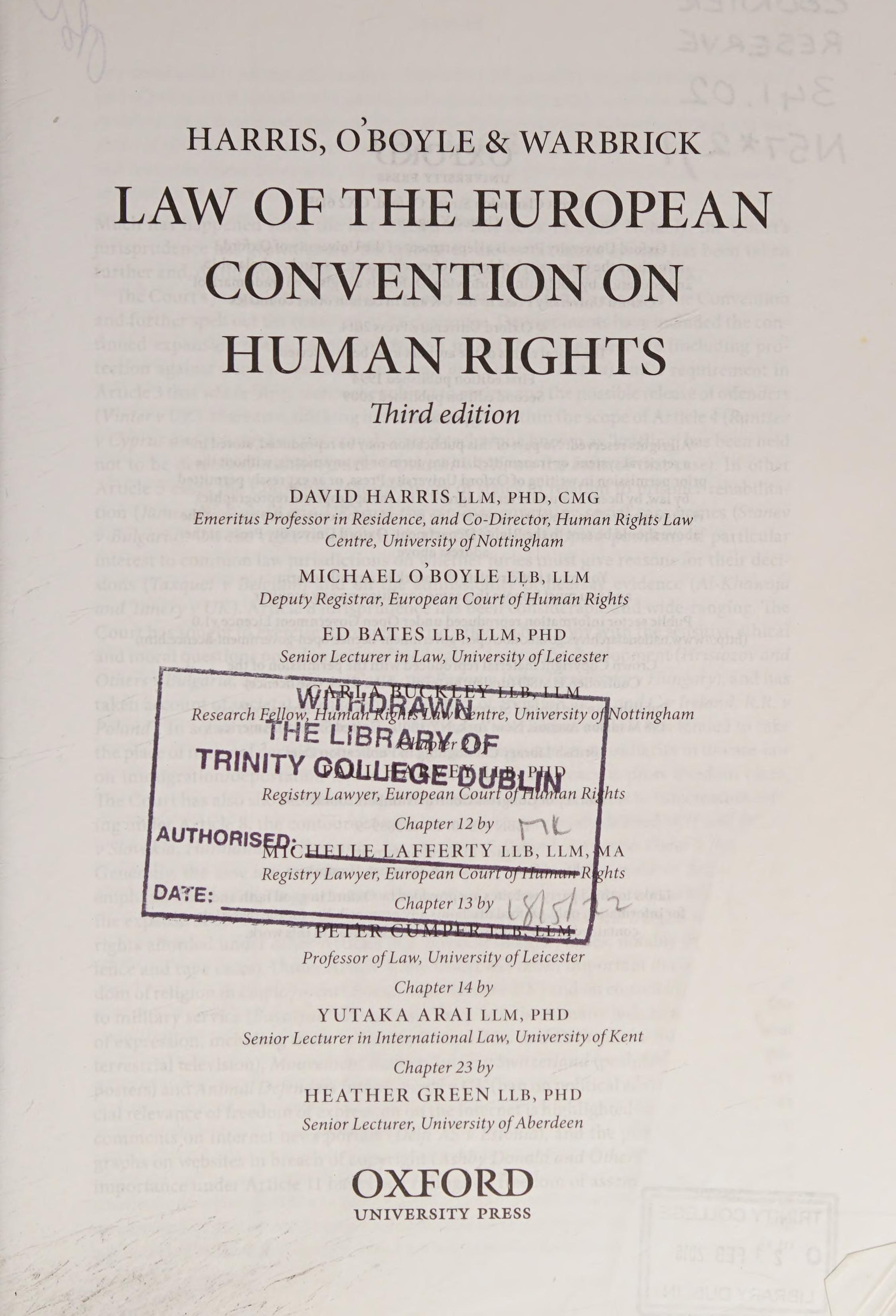 Harris, O'Boyle, and Warbrick Law of the European Convention on Human Rights