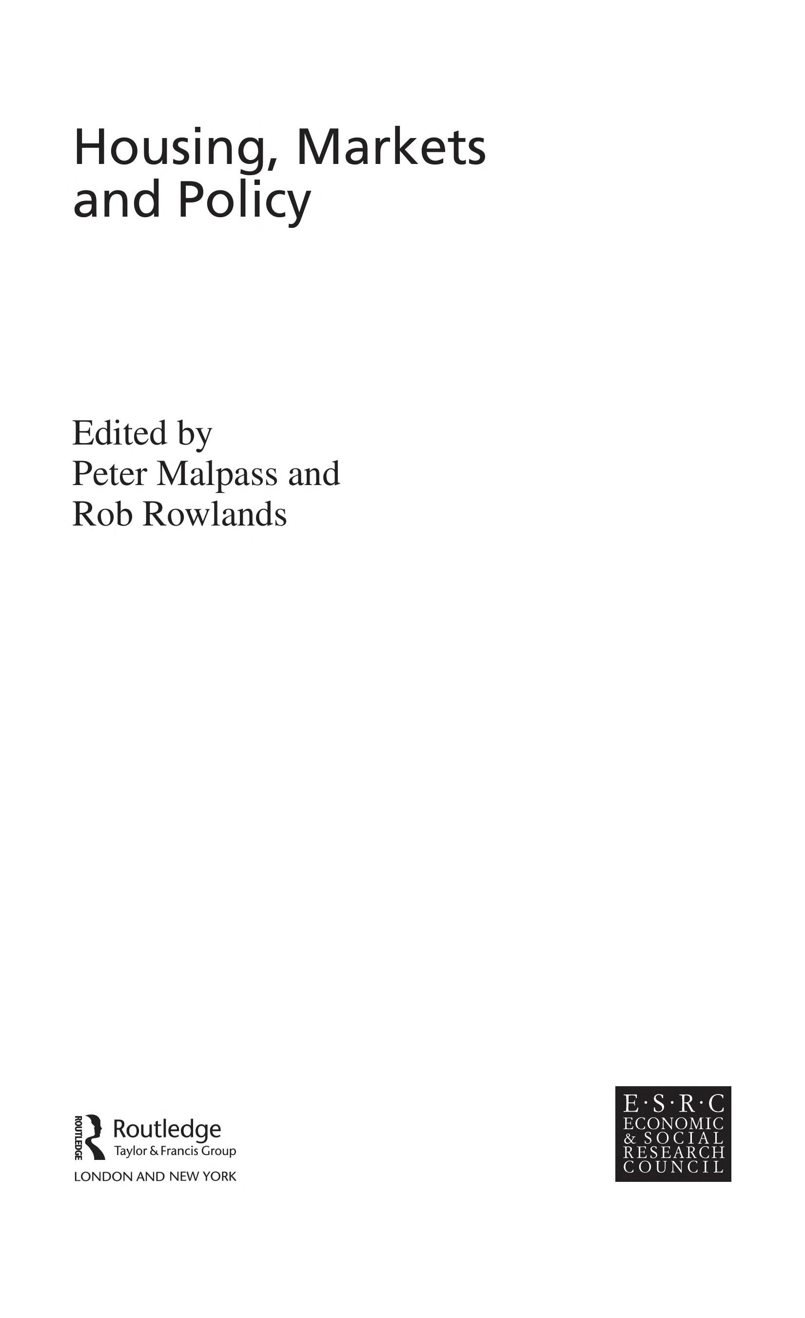 Housing, Markets and Policy
