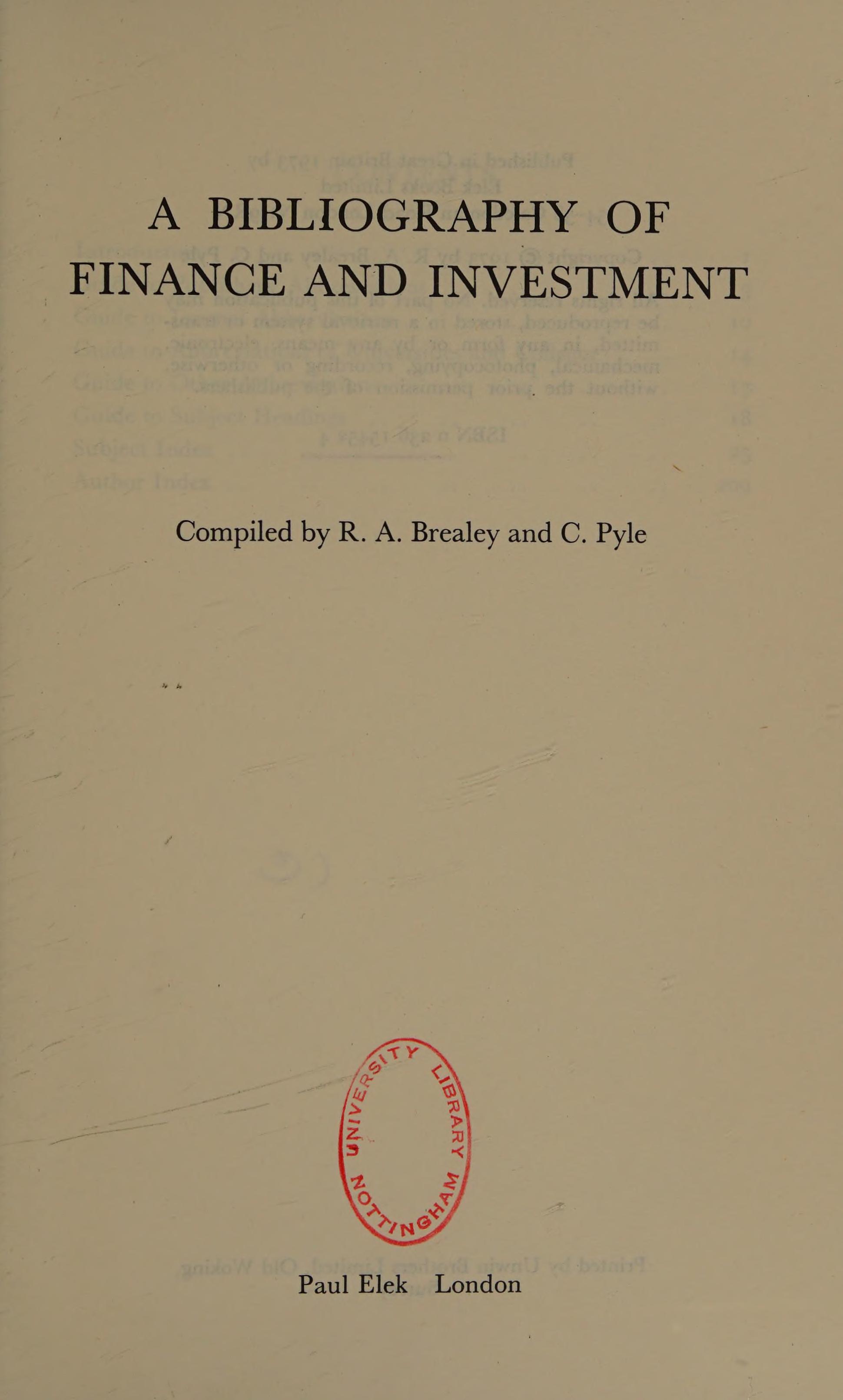 A Bibliography Of Finance And Investment;