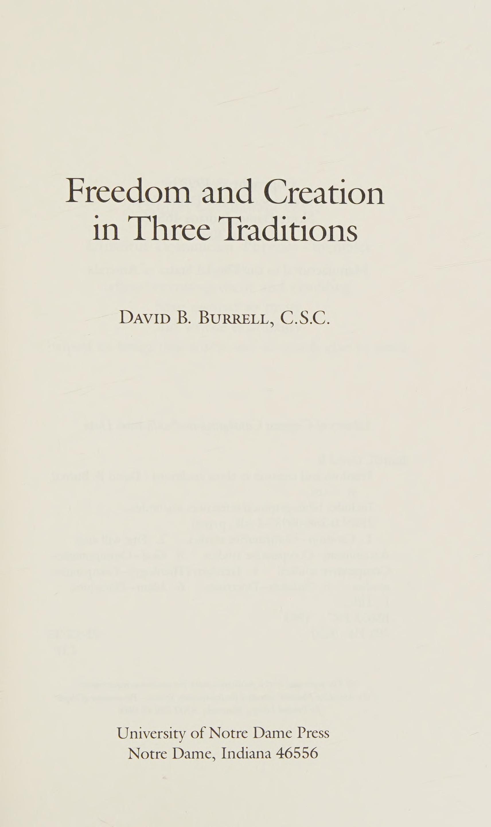 Freedom And Creation In Three Traditions