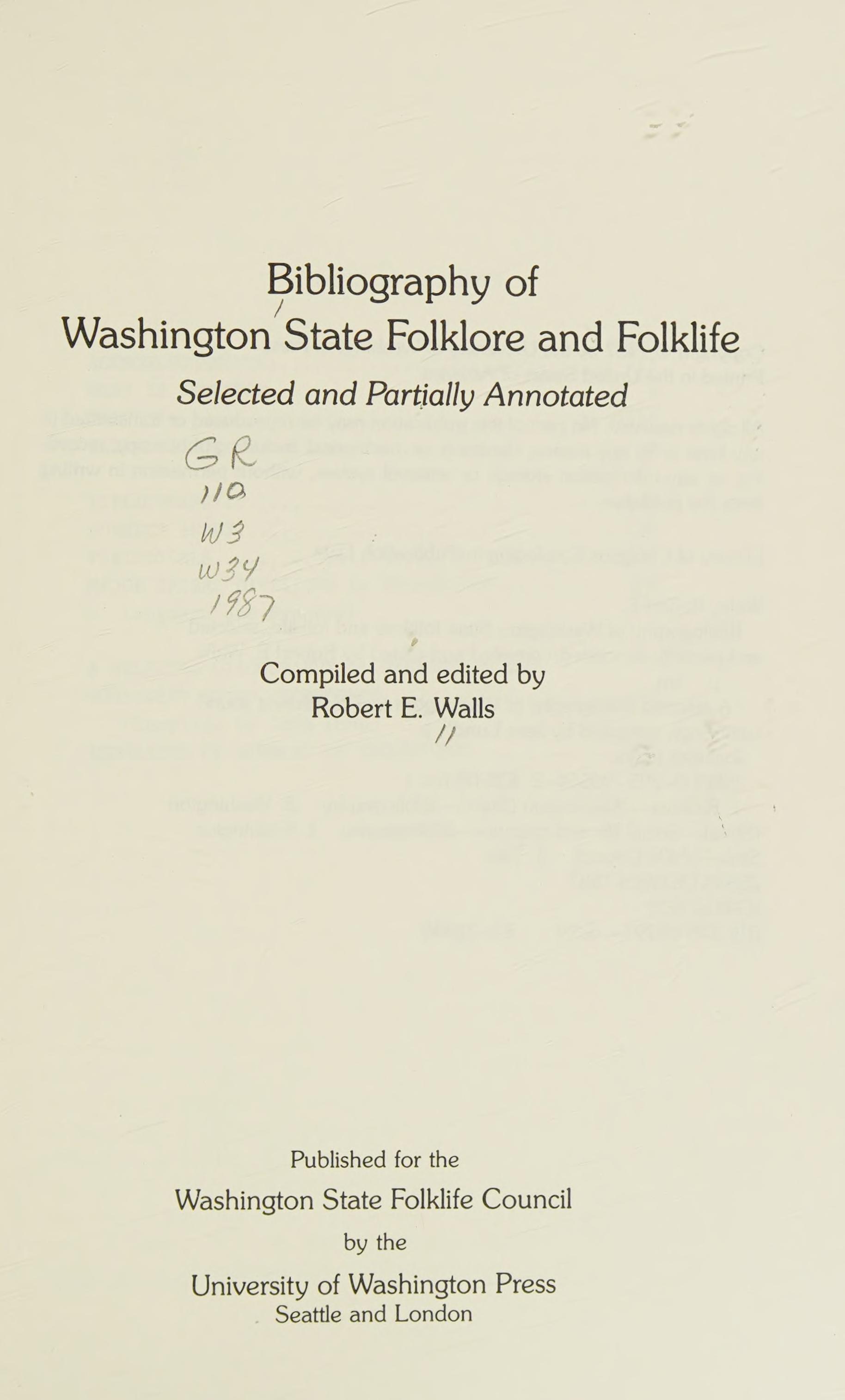 A Bibliography Of Washington State Folklore And Folklife