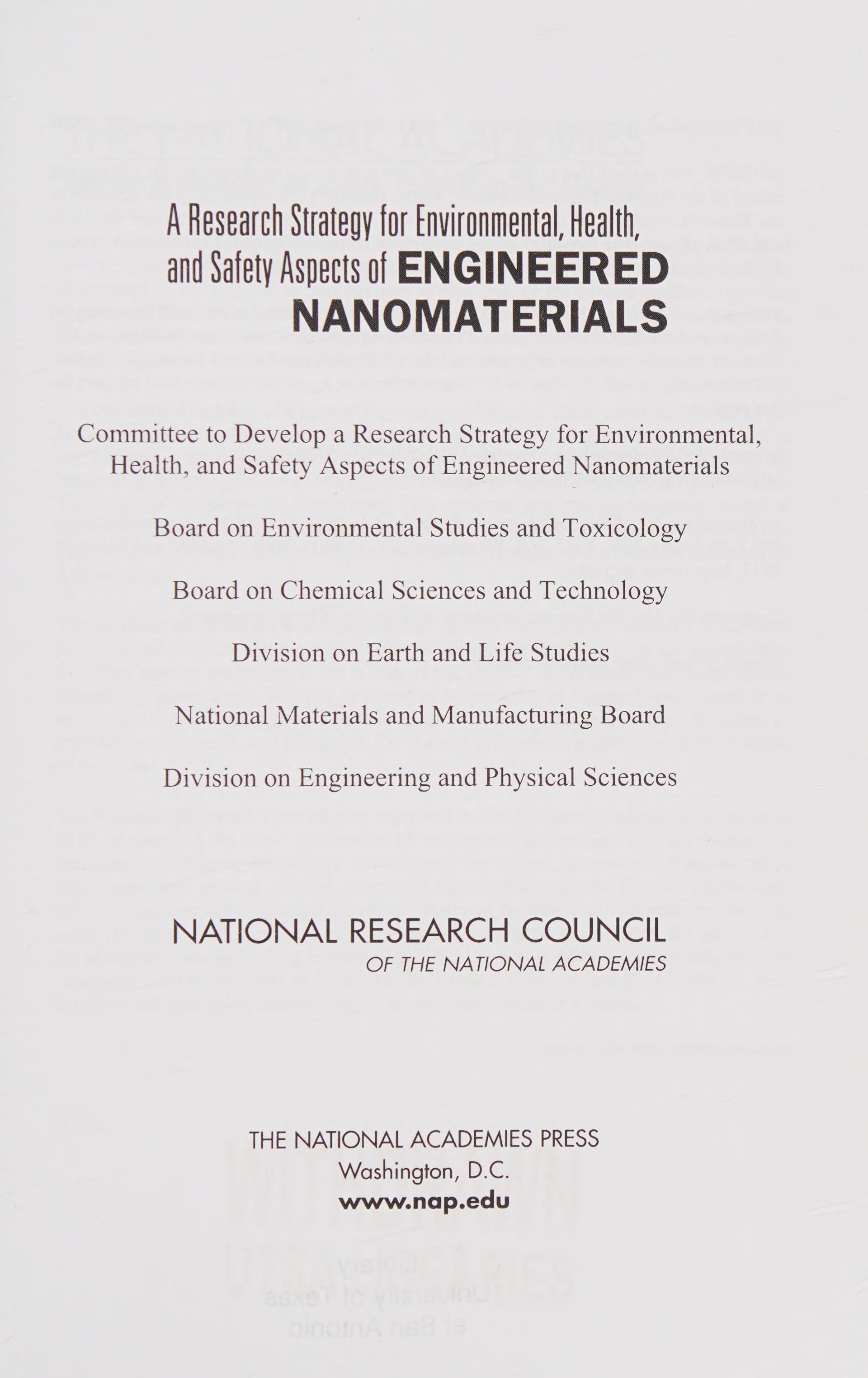 A Research Strategy For Environmental, Health, And Safety Aspects Of Engineered Nanomaterials