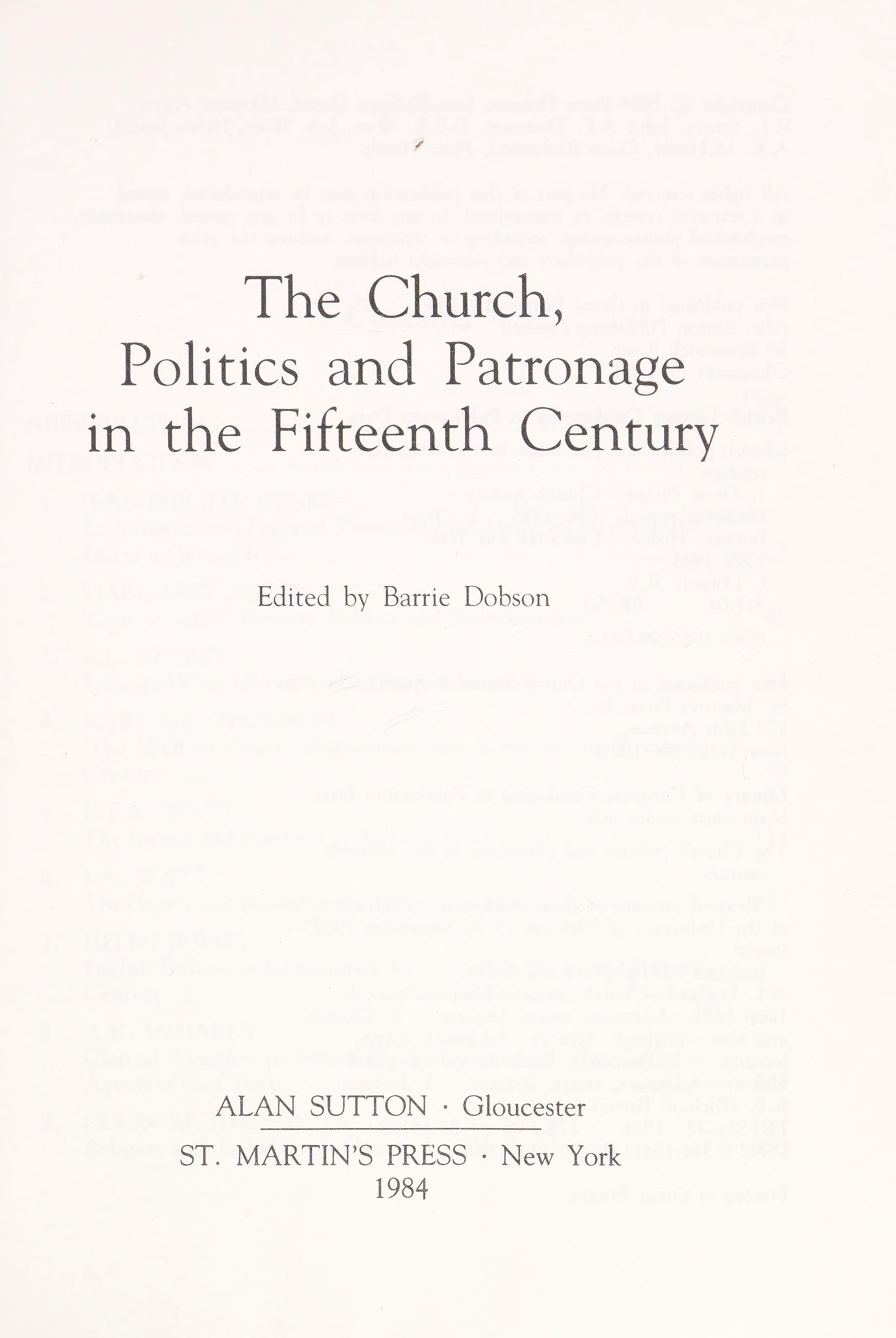 The Church Politics and Patronage in the Fifteenth Century