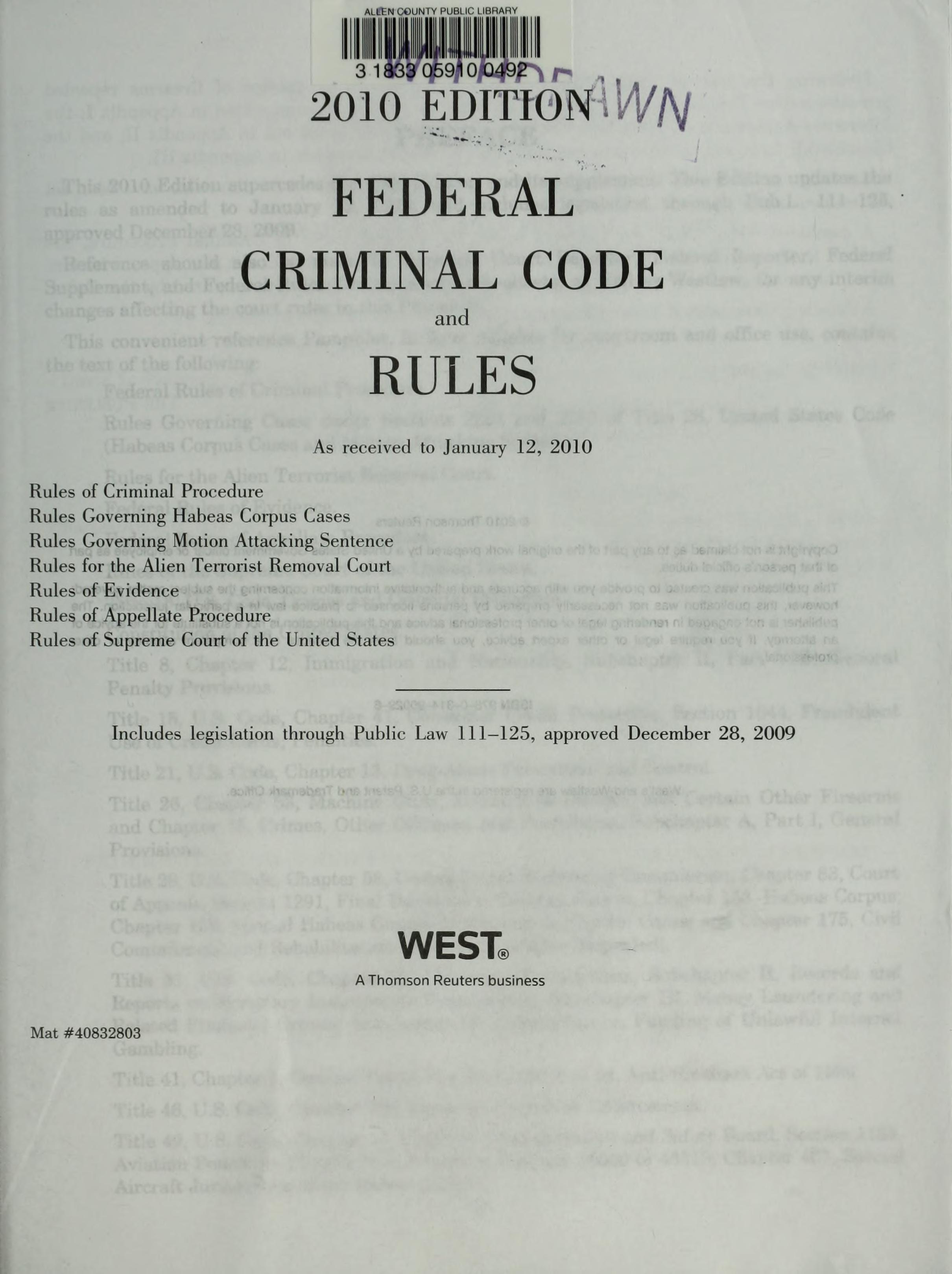 Federal Criminal Code and Rules, 2010 Ed