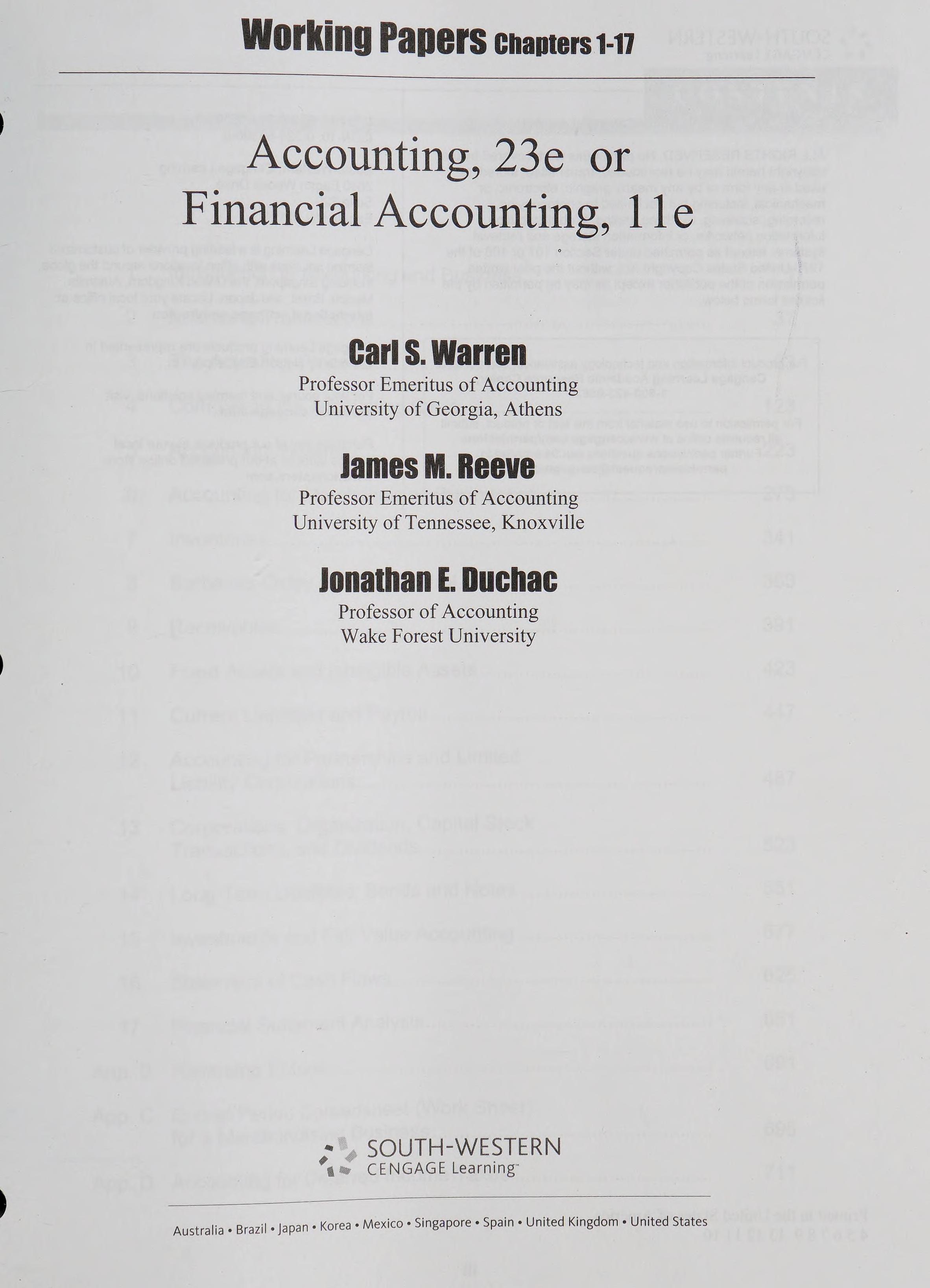 Working Papers, Chapters 1-17 for Warren/Reeve/Duchac’s Accounting, 23rd and Financial Accounting, 11th