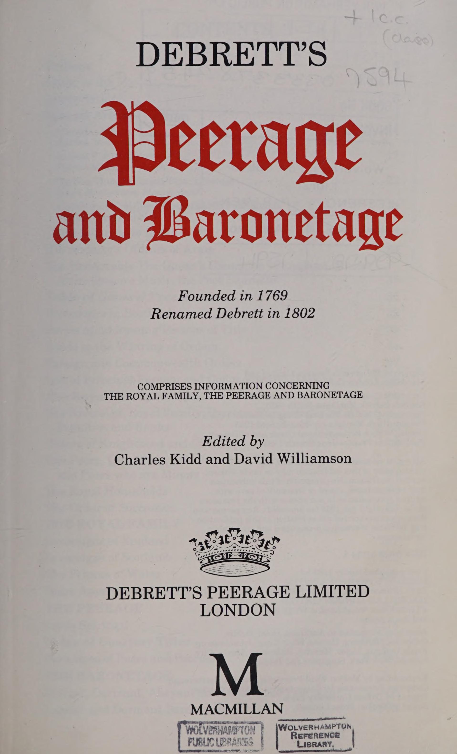 Debrett's Peerage and Baronetage, 1985
