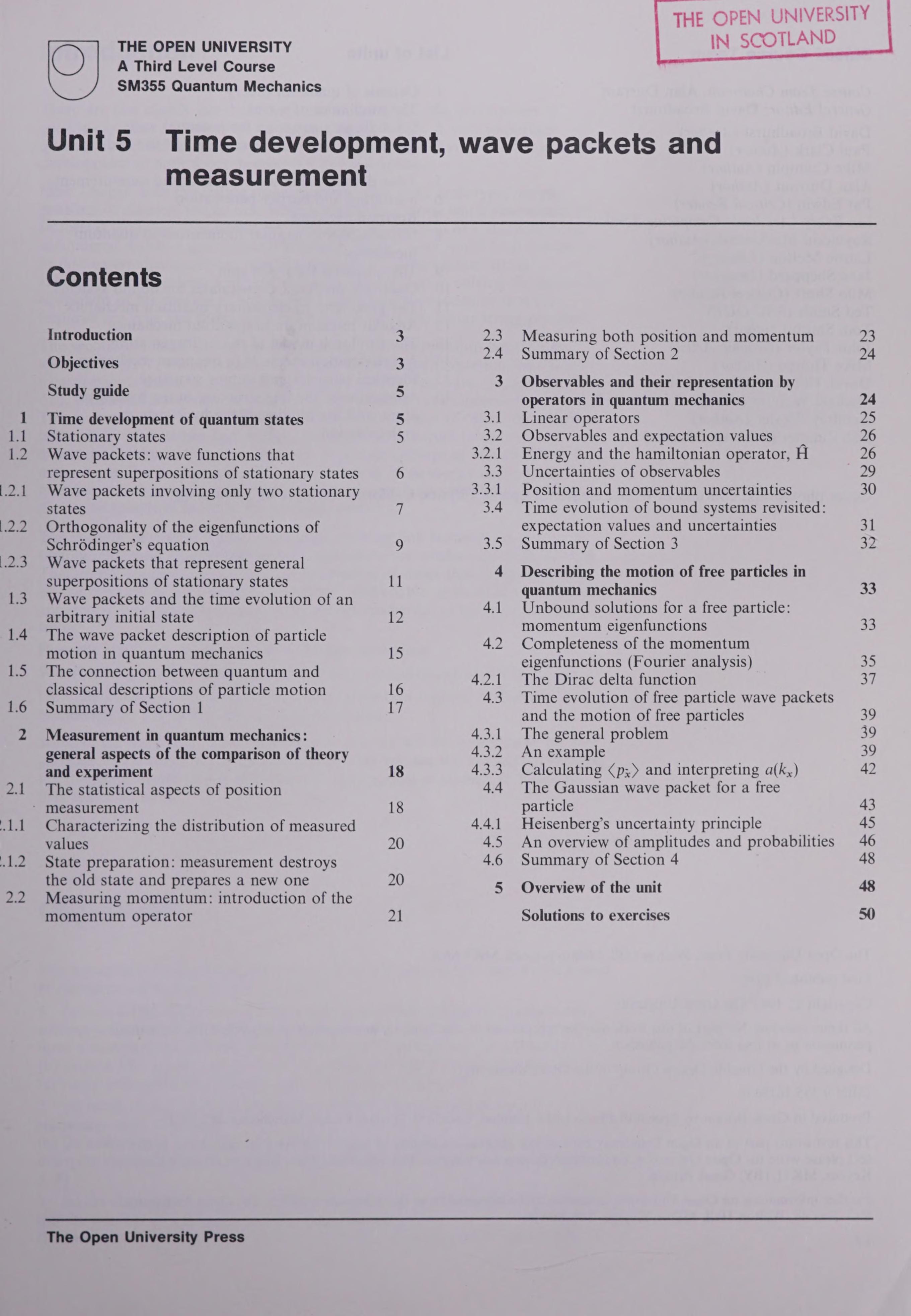 Time Development, Wave Packets and Measurement/Scattering and Barrier Penetration/Revision Exercises/Introduction to Angular Momentum in Quantum Mechanics