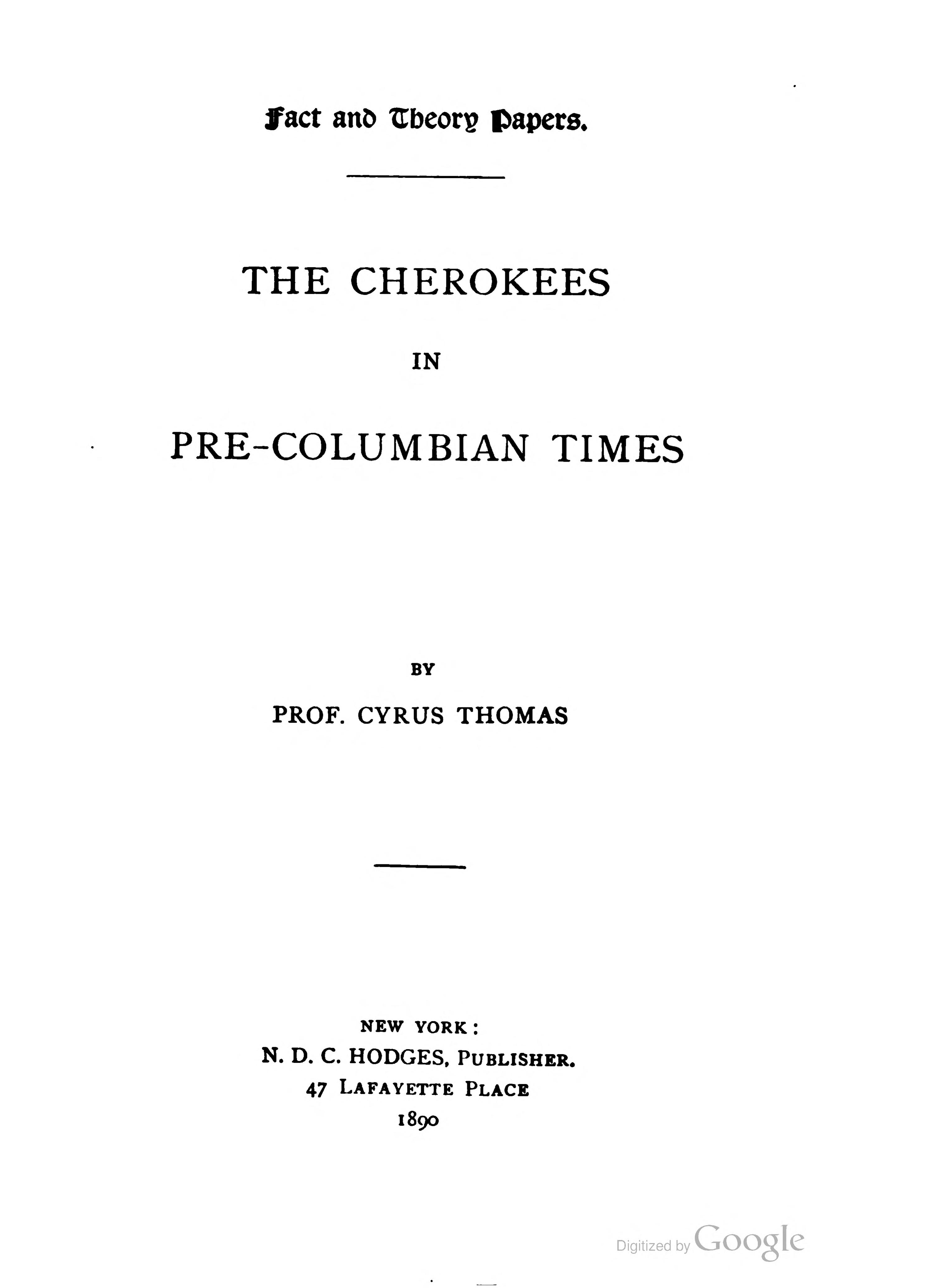 The Cherokees In Pre-Columbian Times