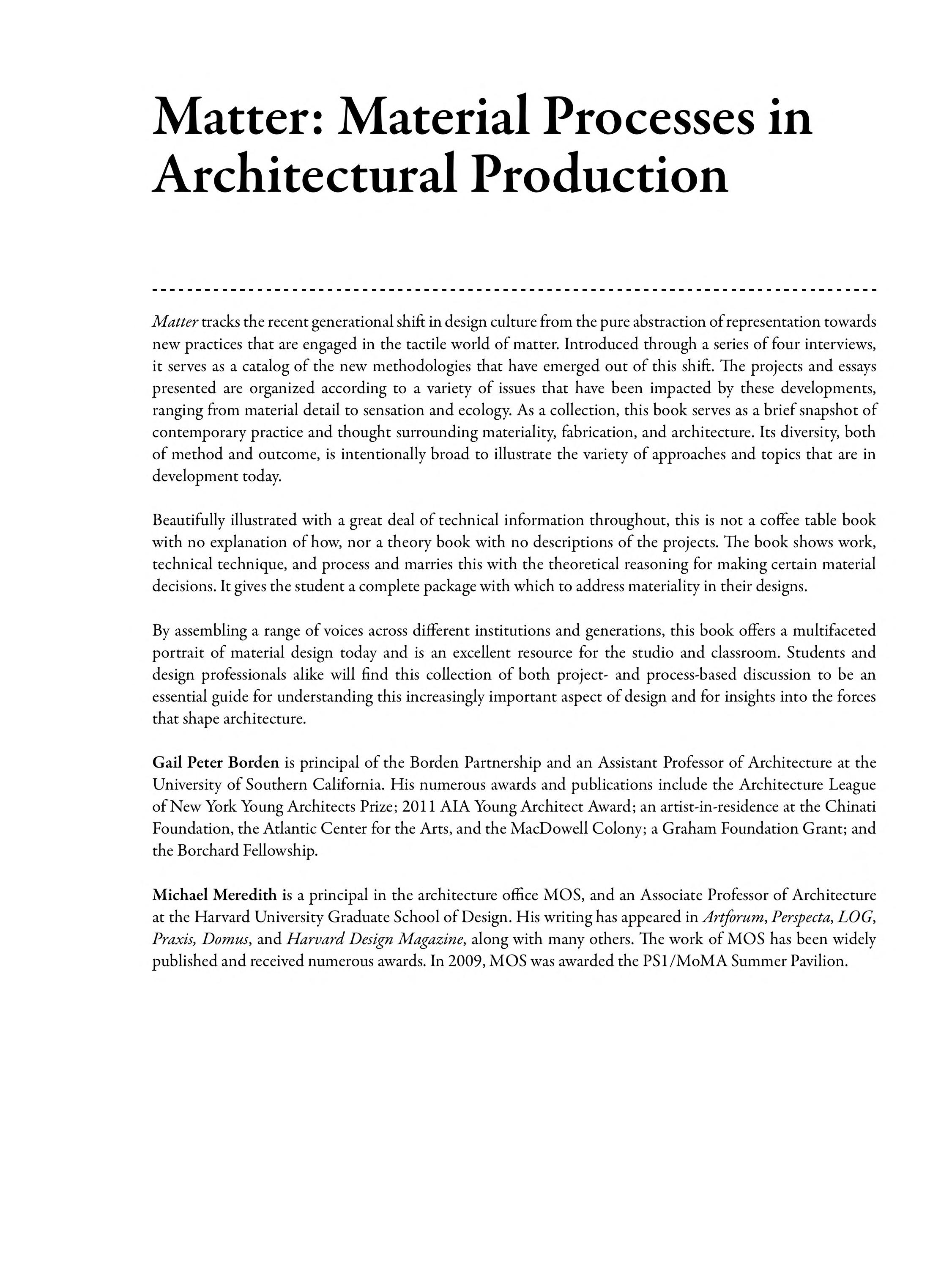 Matter: Material Processes In Architectural Production