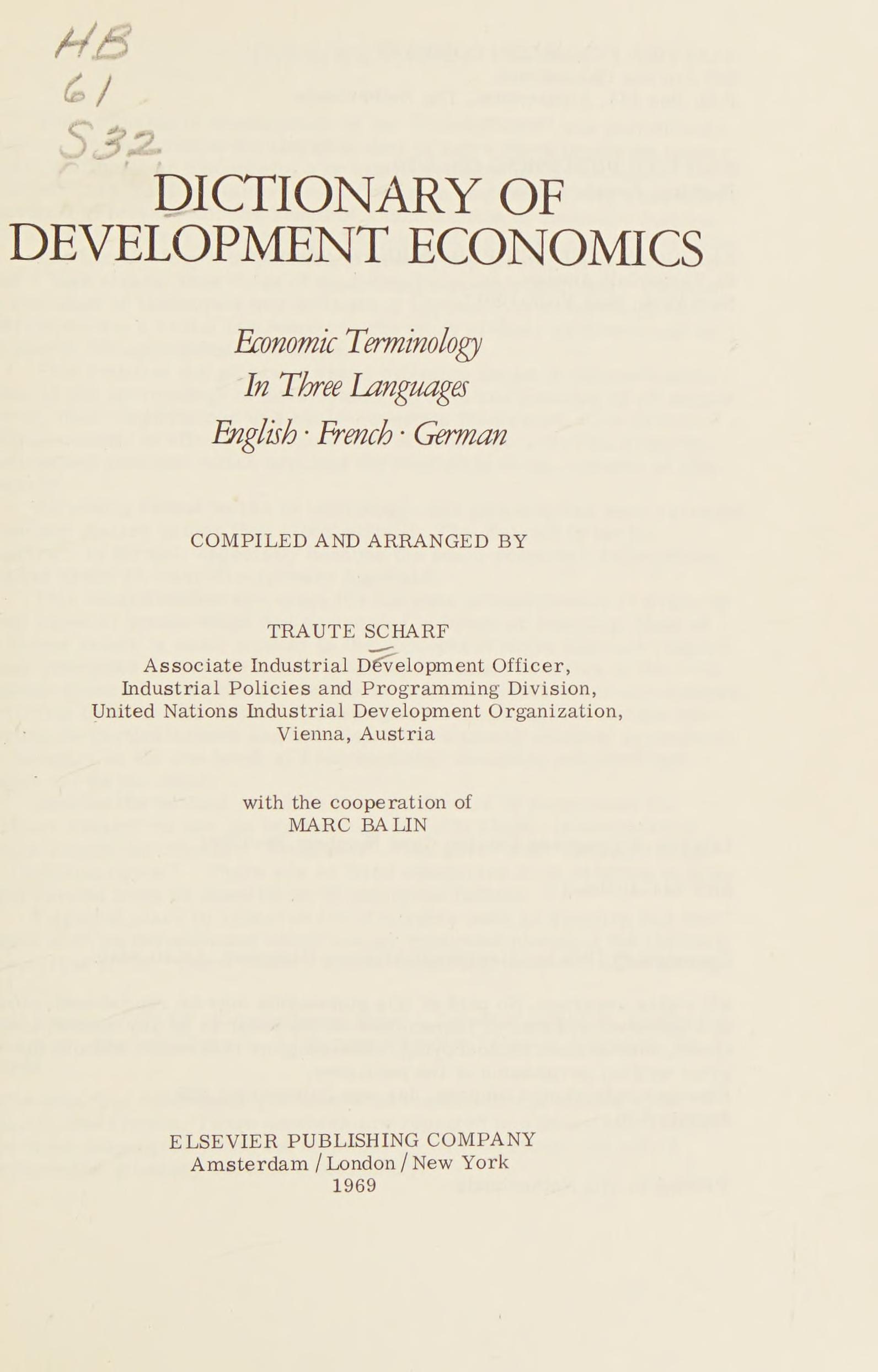 Dictionary Of Development Economics: Economic Terminology In Three Languages