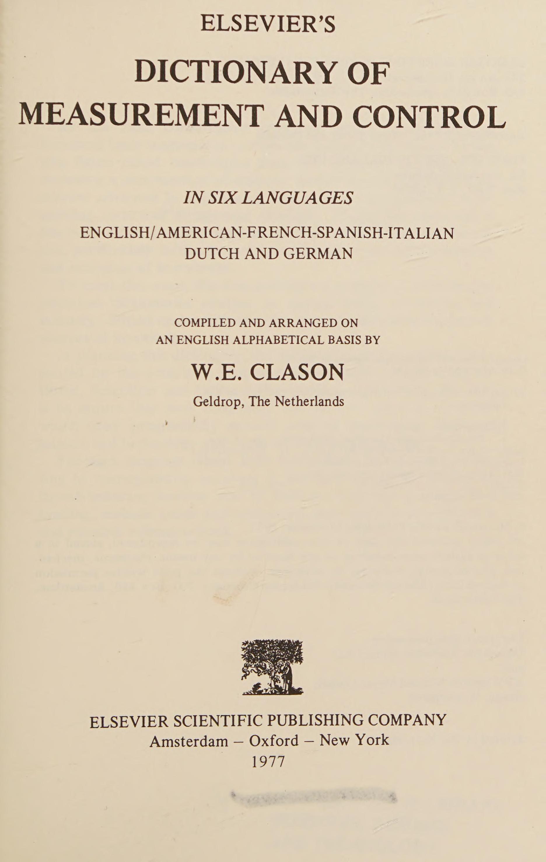 Elsevier'S Dictionary Of Measurement And Control: In English/American, French, Spanish, Italian, Dutch And German