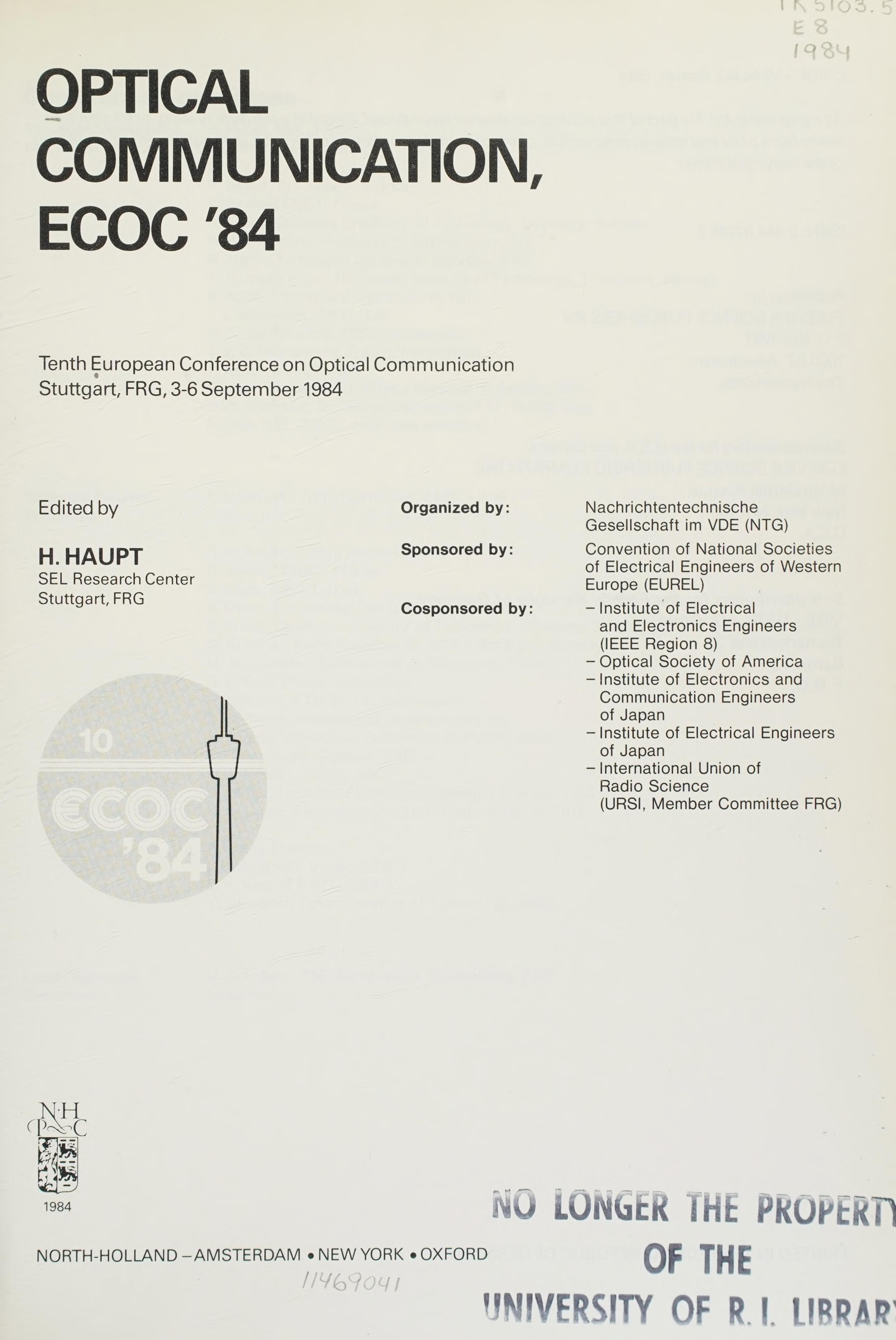 Optical Communication, Ecoc '84