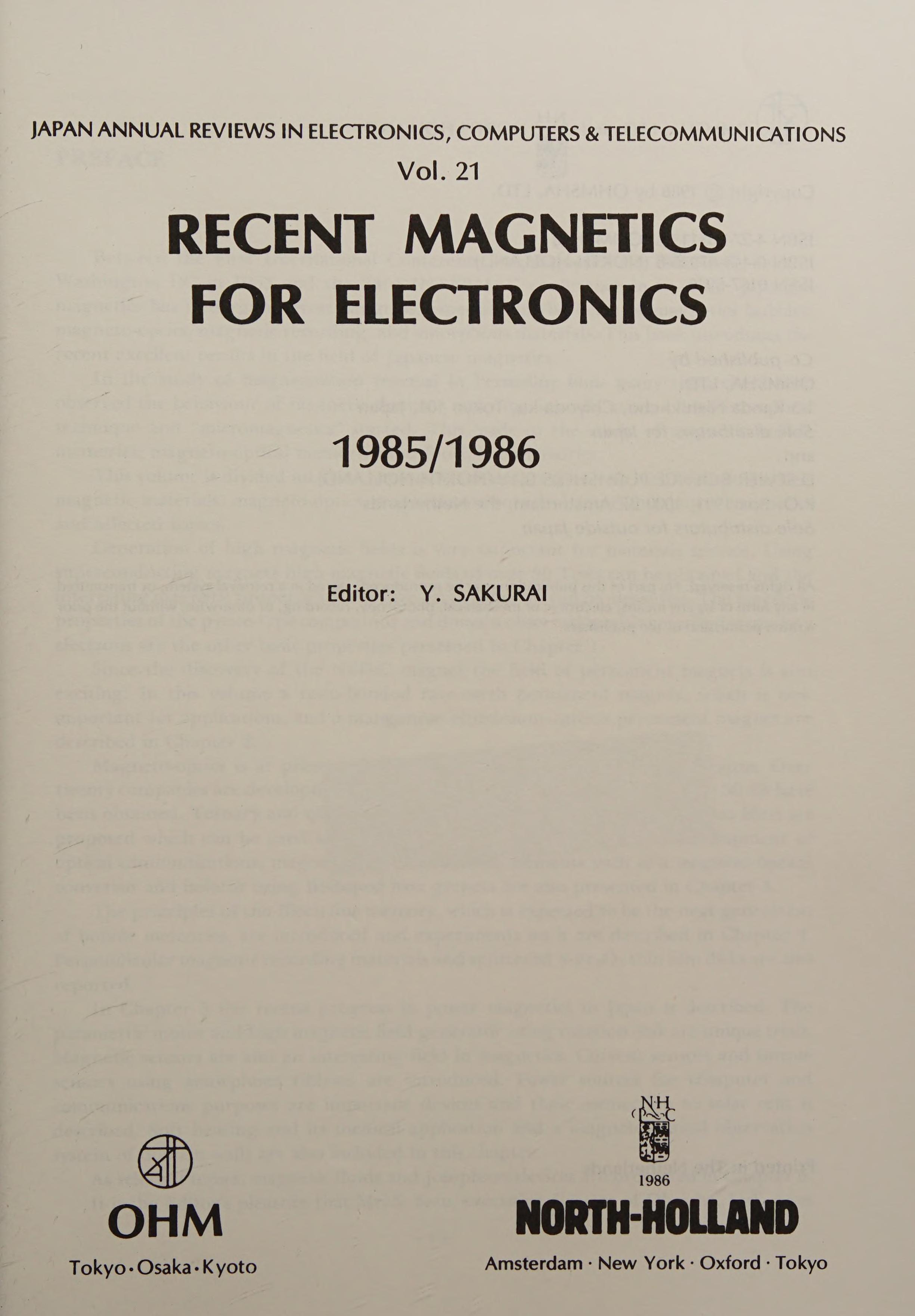 Recent Magnetics for Electronics 1985 1986 Japan Annual Reviews in Electronics Computers and Telecommunications Vol 21