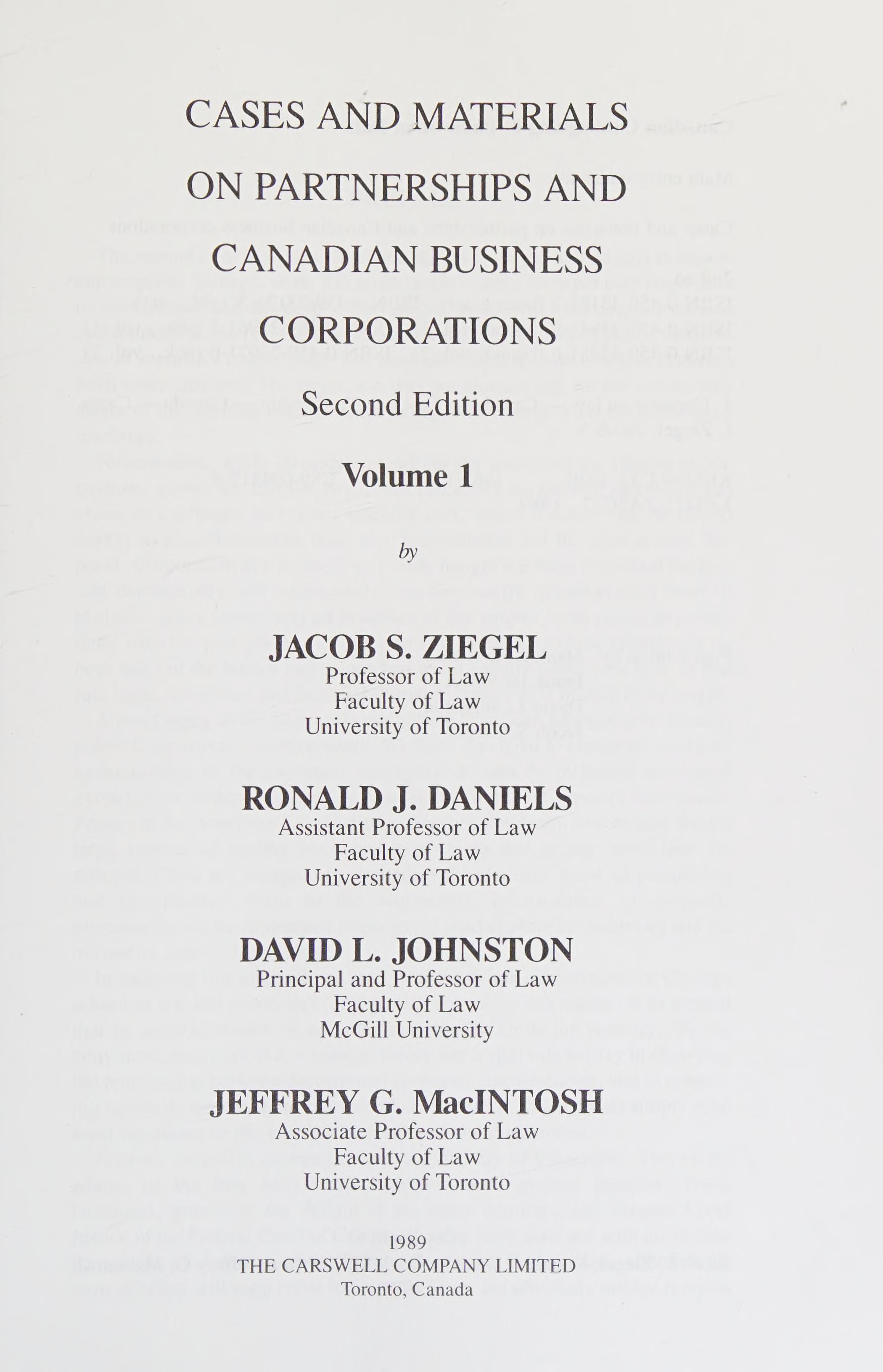 Cases And Materials On Partnerships And Canadian Business Corporations