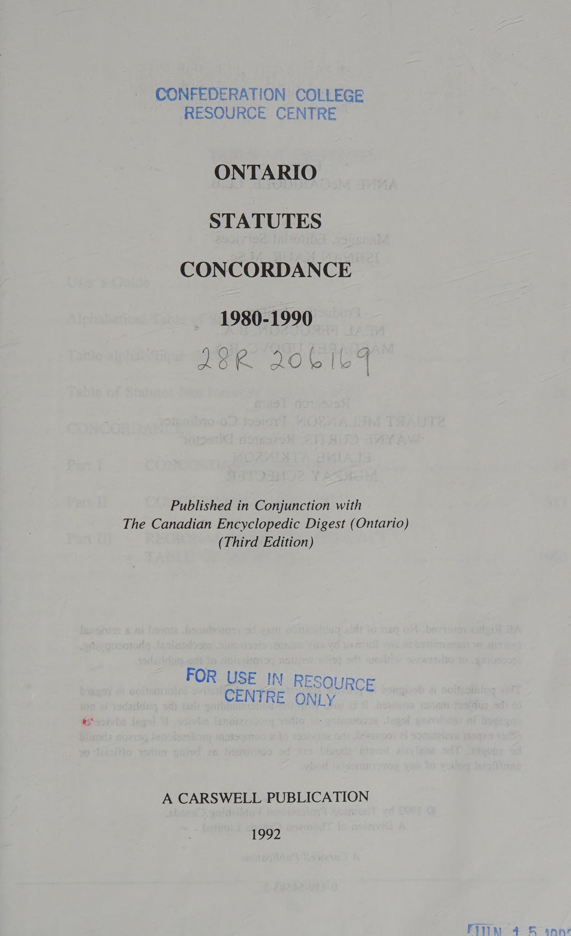 Ontario Statutes Concordance 1980-1990