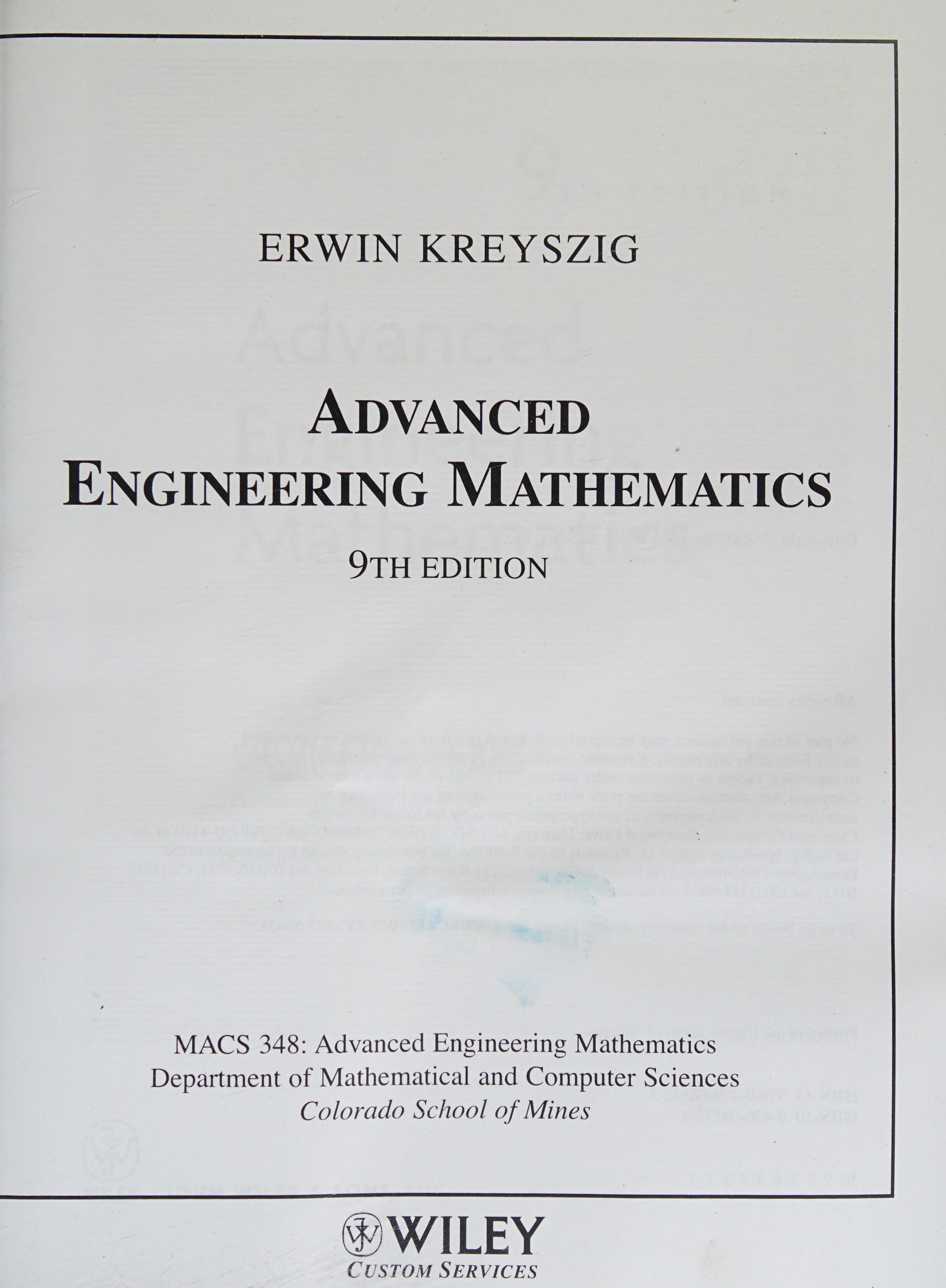 Advanced Engineering Math 9th Custom Edition For Colorado School Of Mine