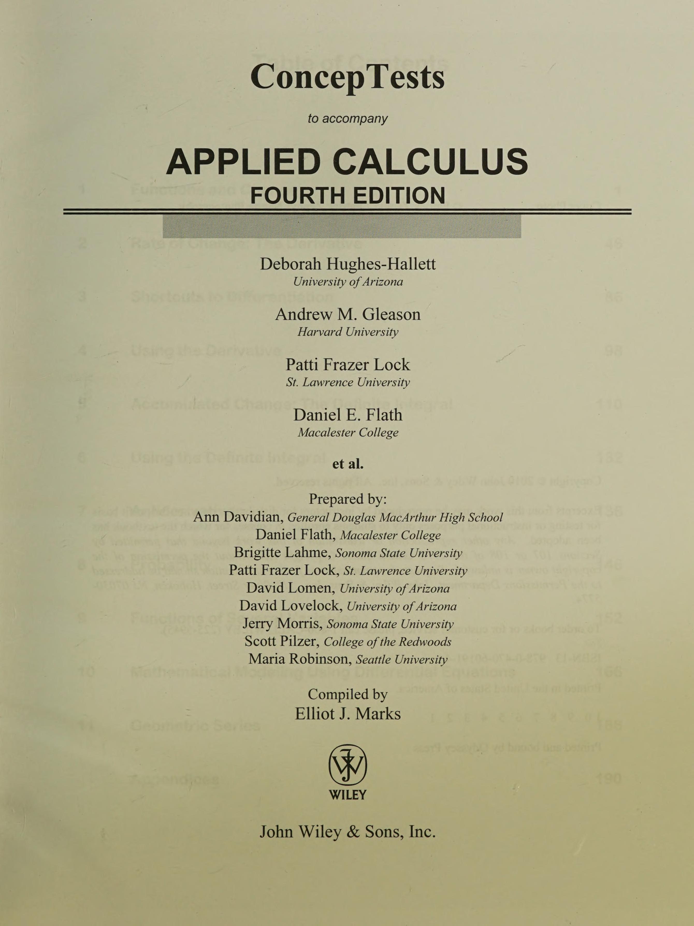 ConcepTests To Accompany Applied Calculus Fourth Edition