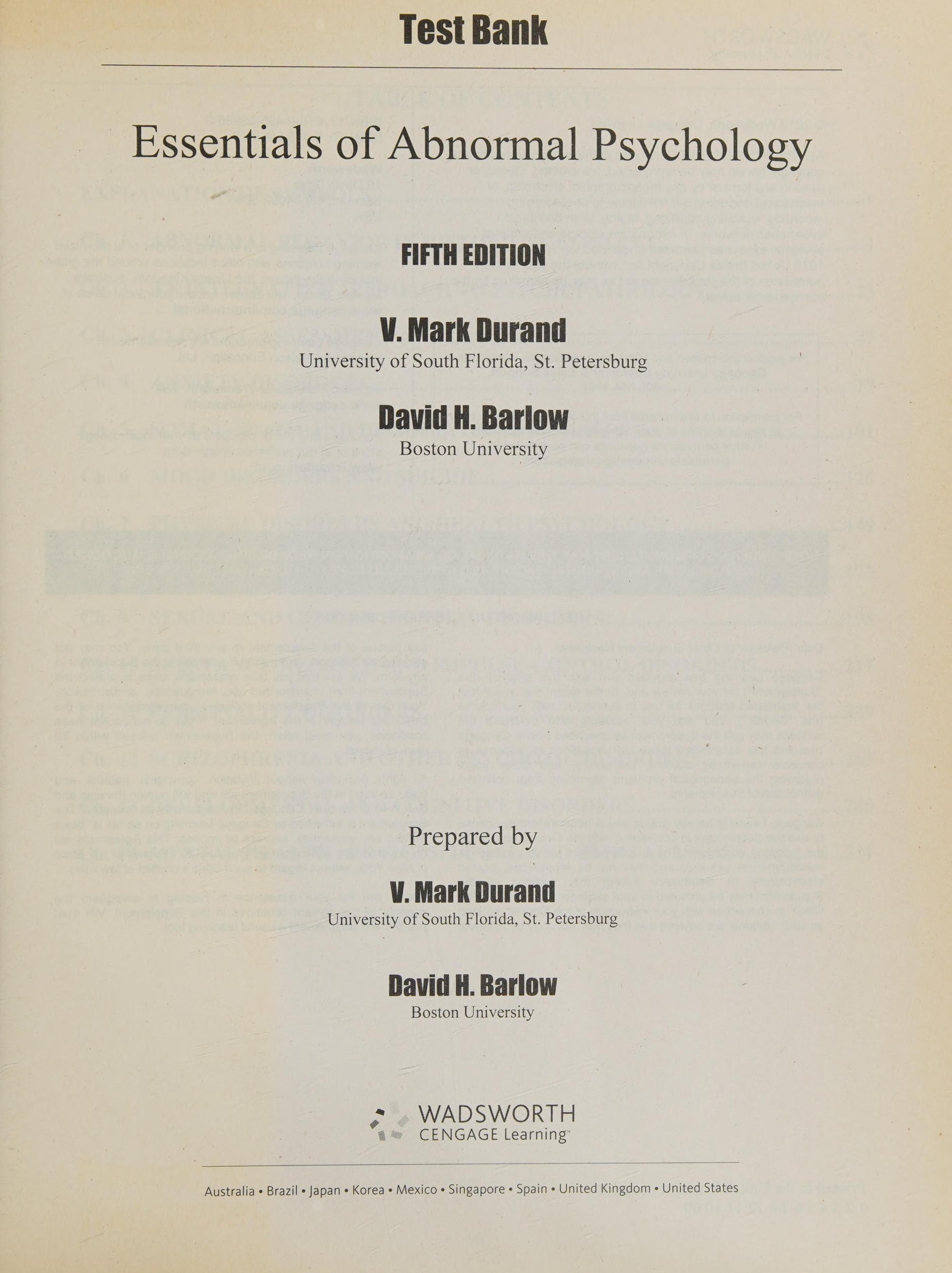 TEST BANK FOR ESSENTIALS OF ABNORMAL PSYCHOLOGY FIFTH EDITION