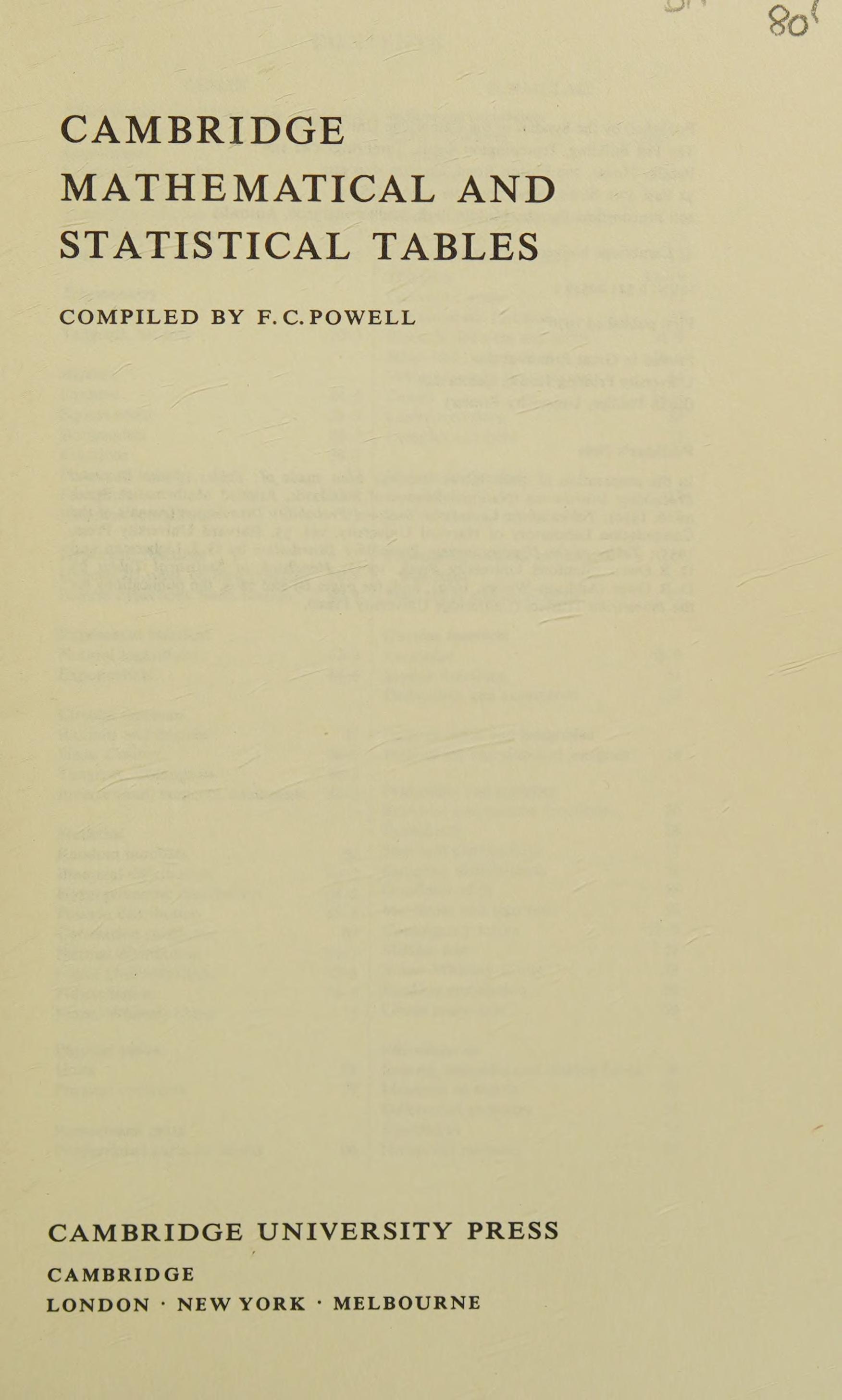 Cambridge Mathematical And Statistical Tables