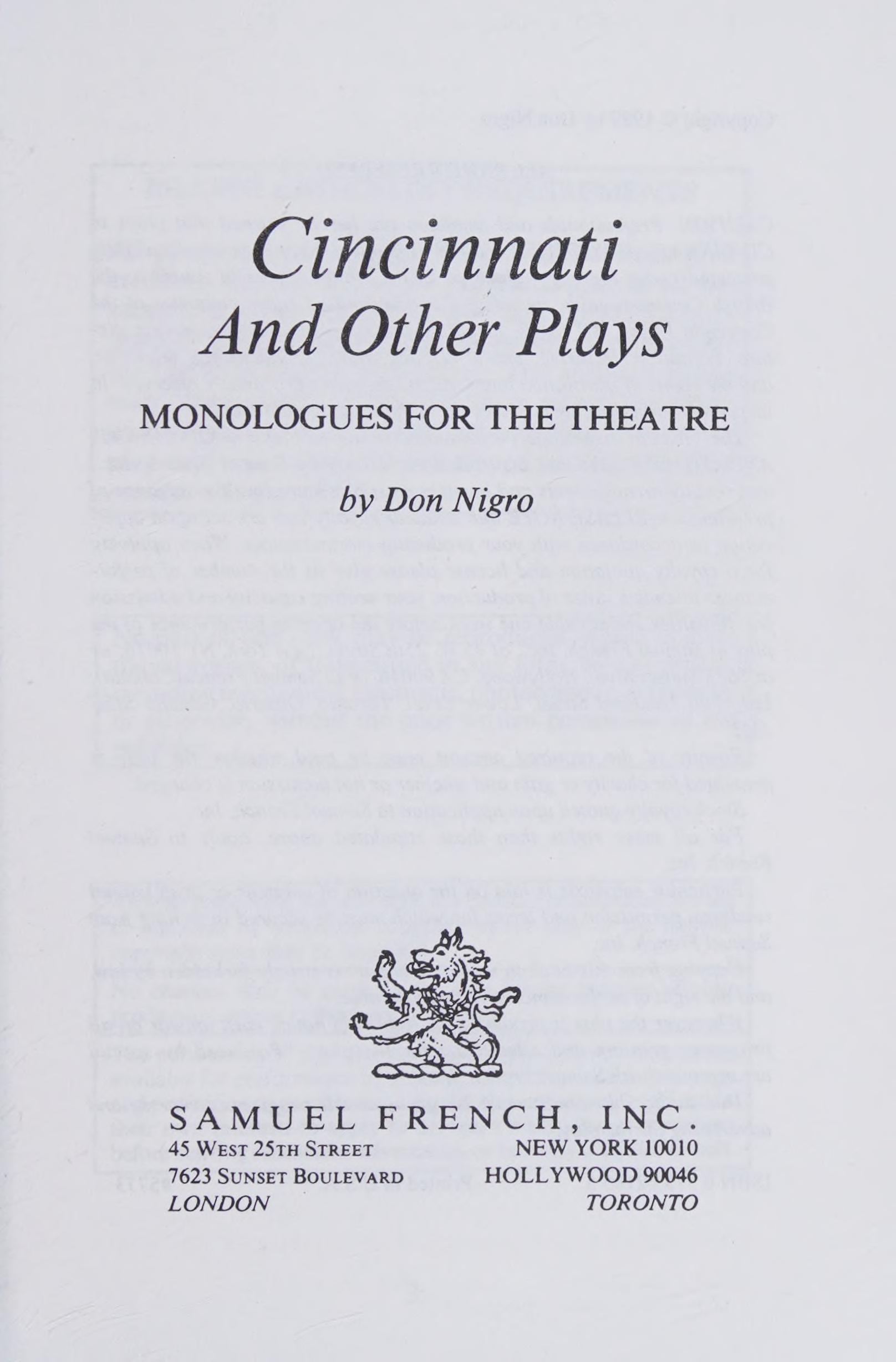 Cincinnati And Other Plays