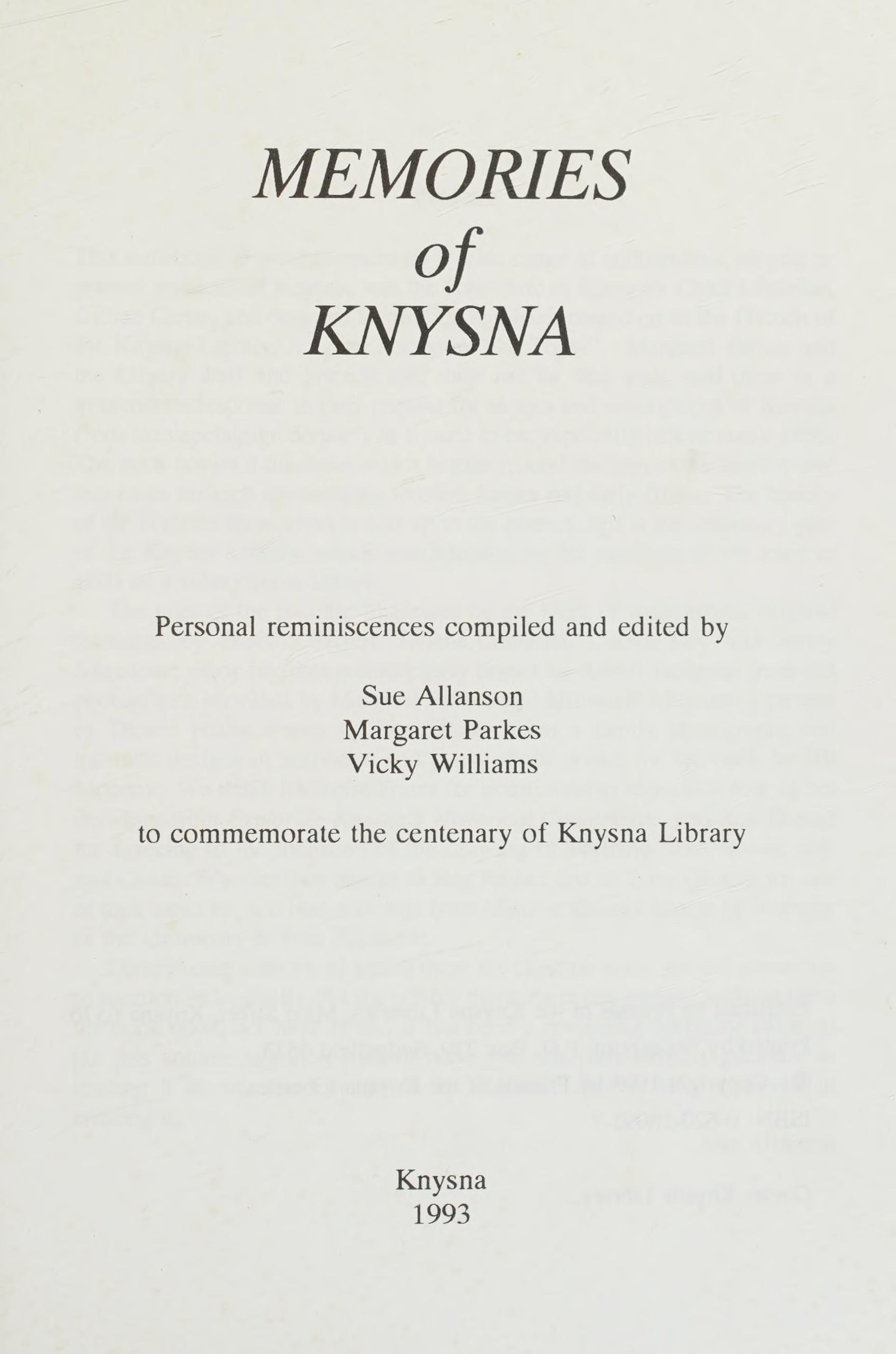 Memories Of Knysna: Personal Reminiscences