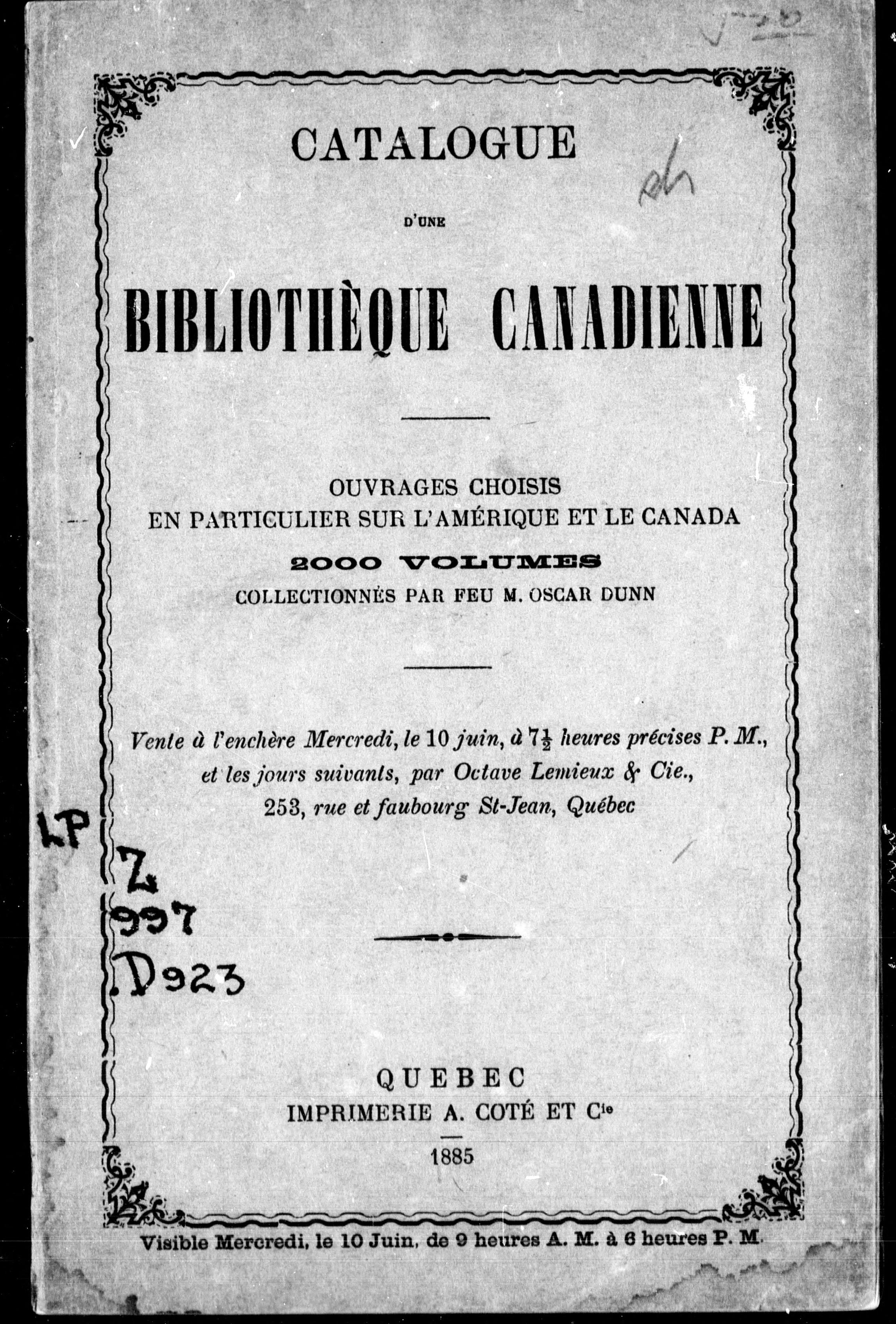Catalogue D'Une Bibliothèque Canadienne