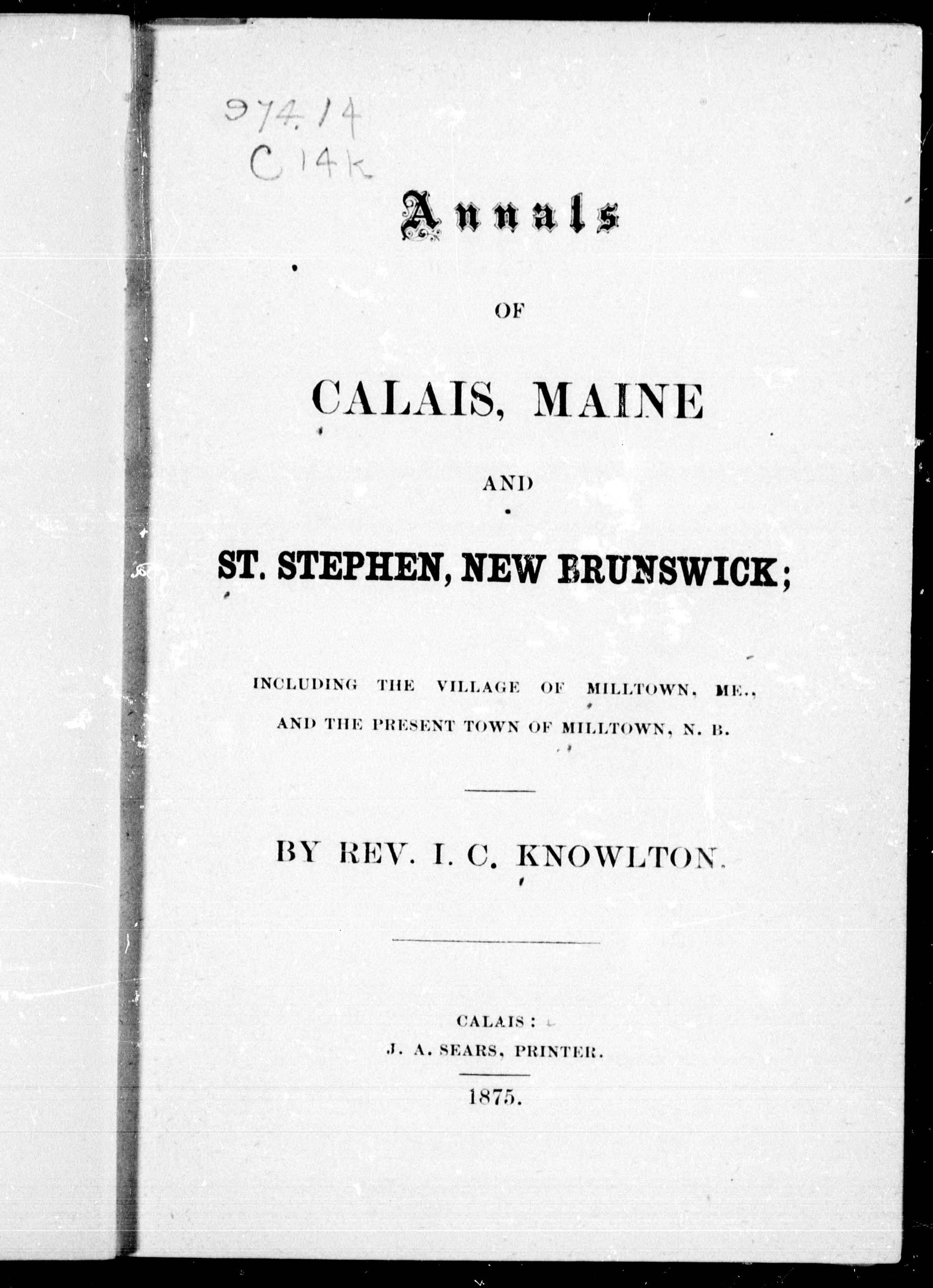 Annals of Calais, Maine and St. Stephen, New Brunswick