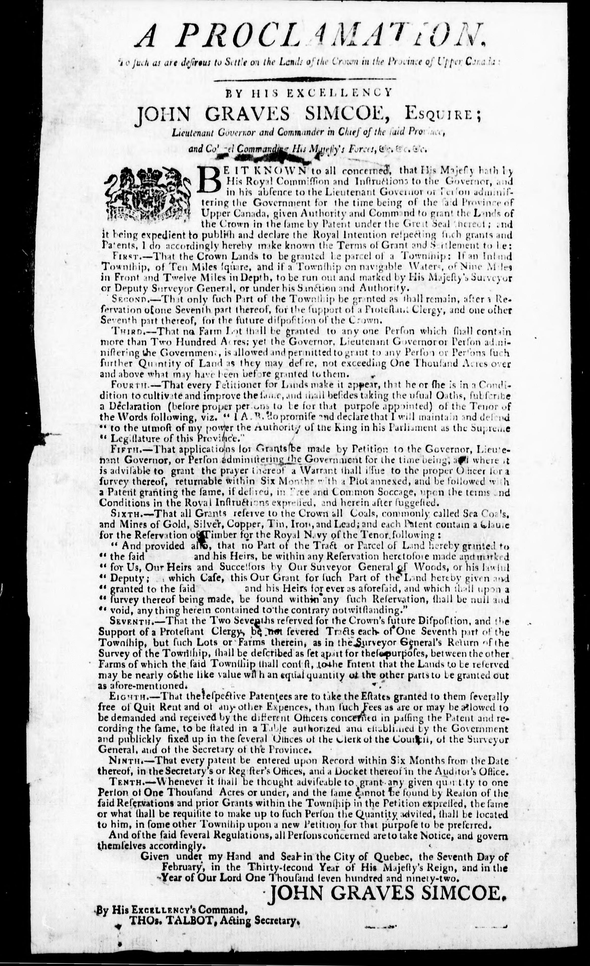 A Proclamation to Such as Are Desirous to Settle in the Lands of the Crown in the Province of Upper Canada