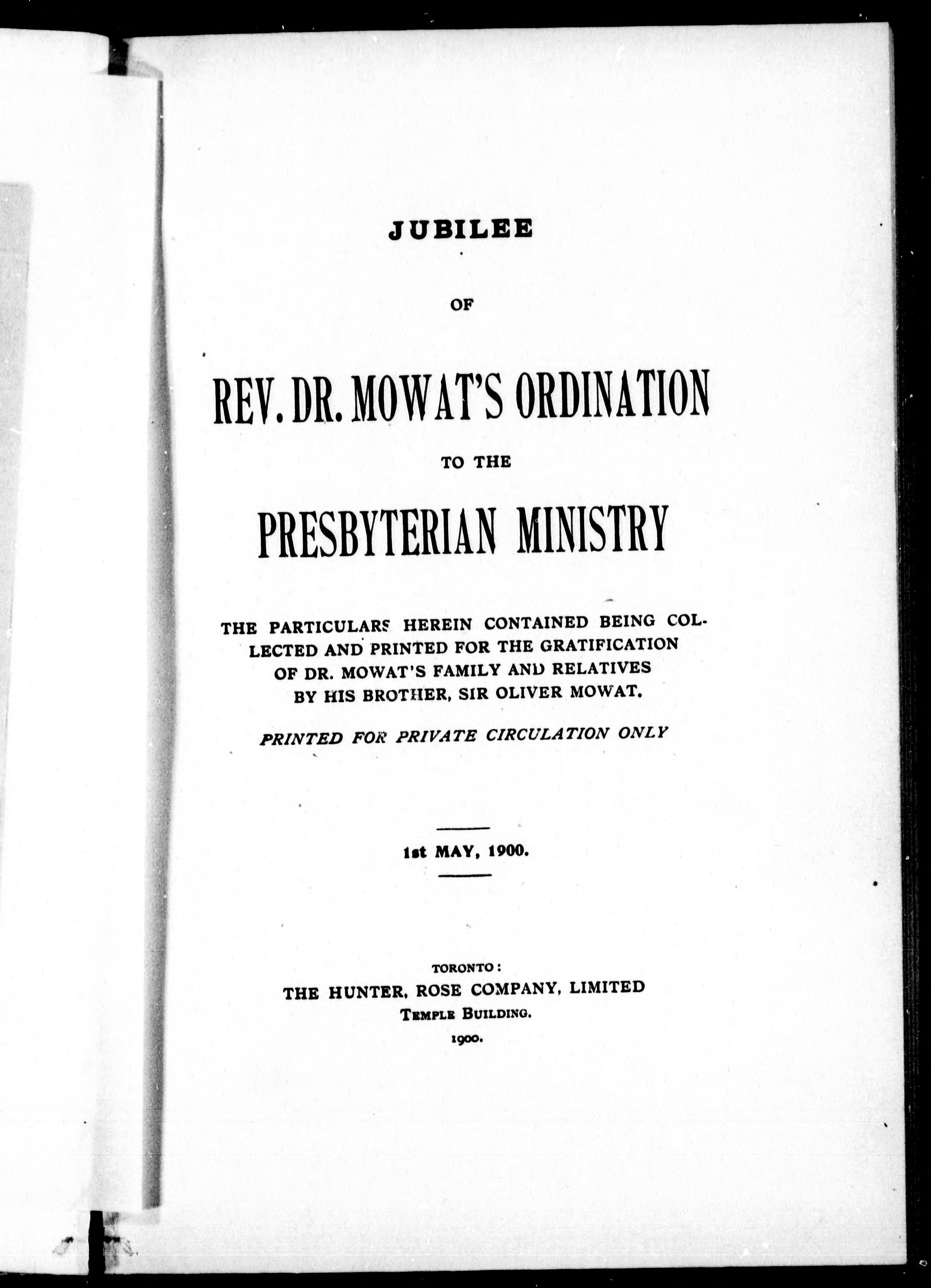 Jubilee Of Rev. Dr. Mowat'S Ordination To The Presbyterian Ministry