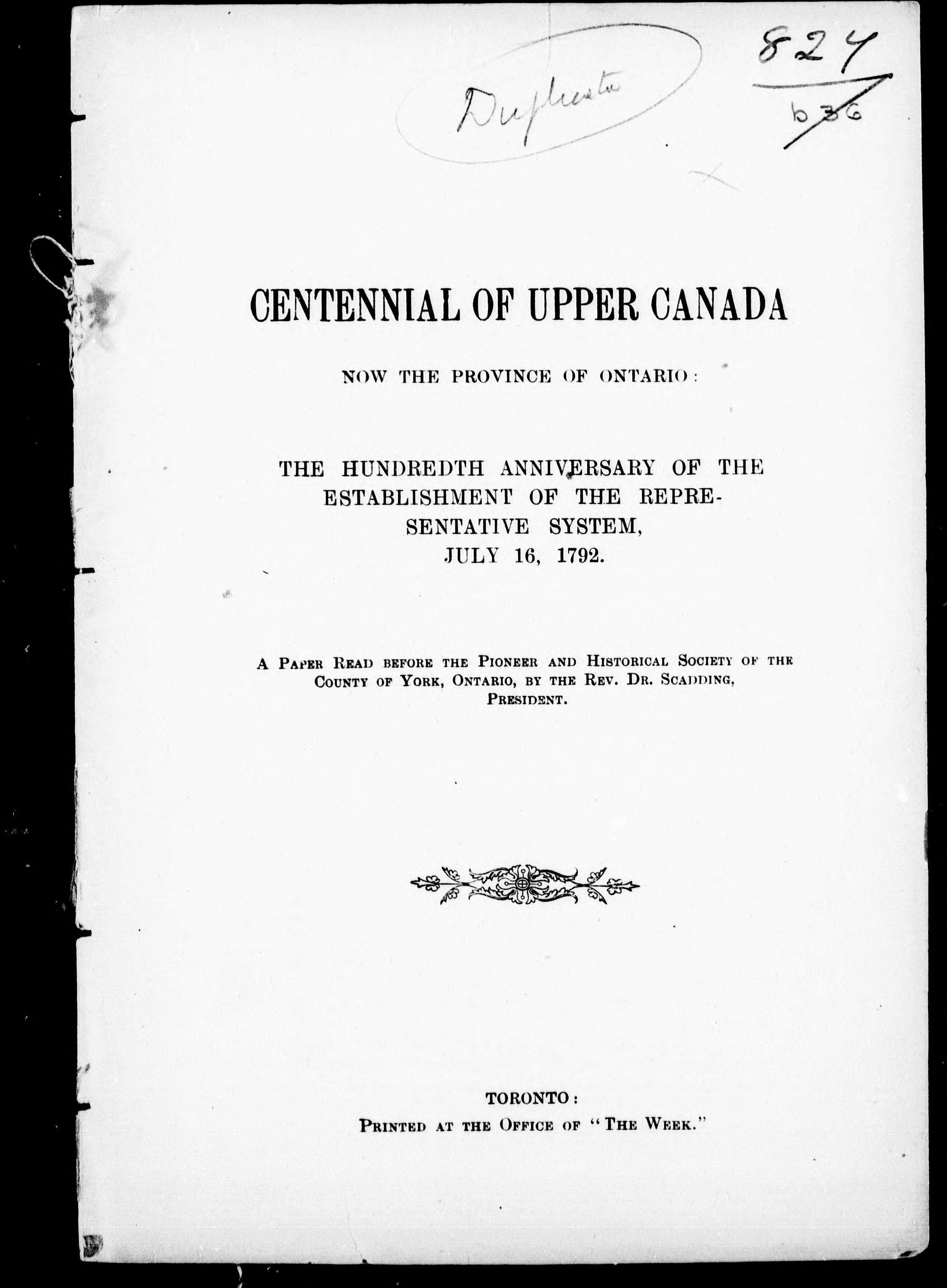 Centennial of Upper Canada and the Province of Ontario