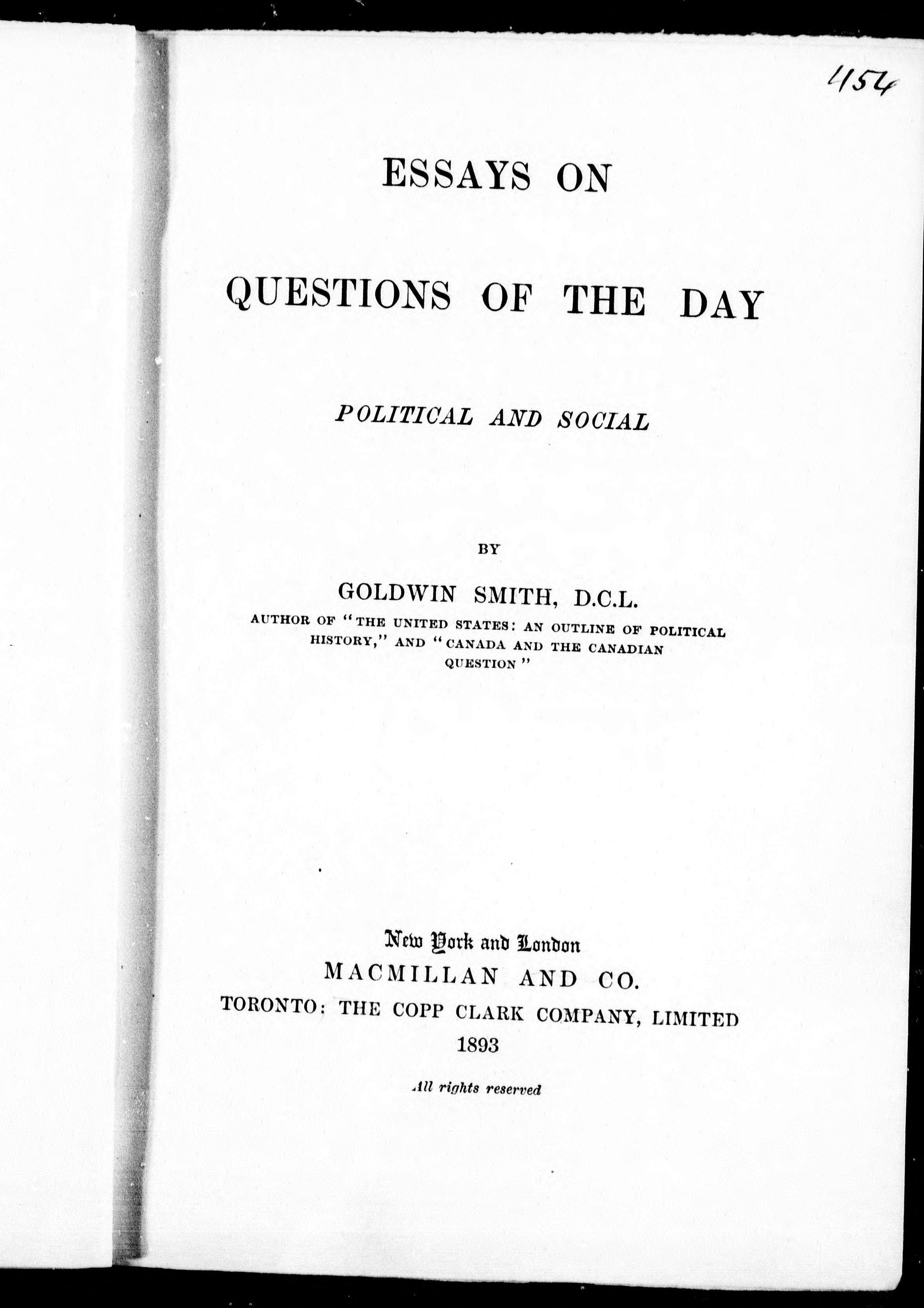 Essays on Questions of the Day, Political and Social