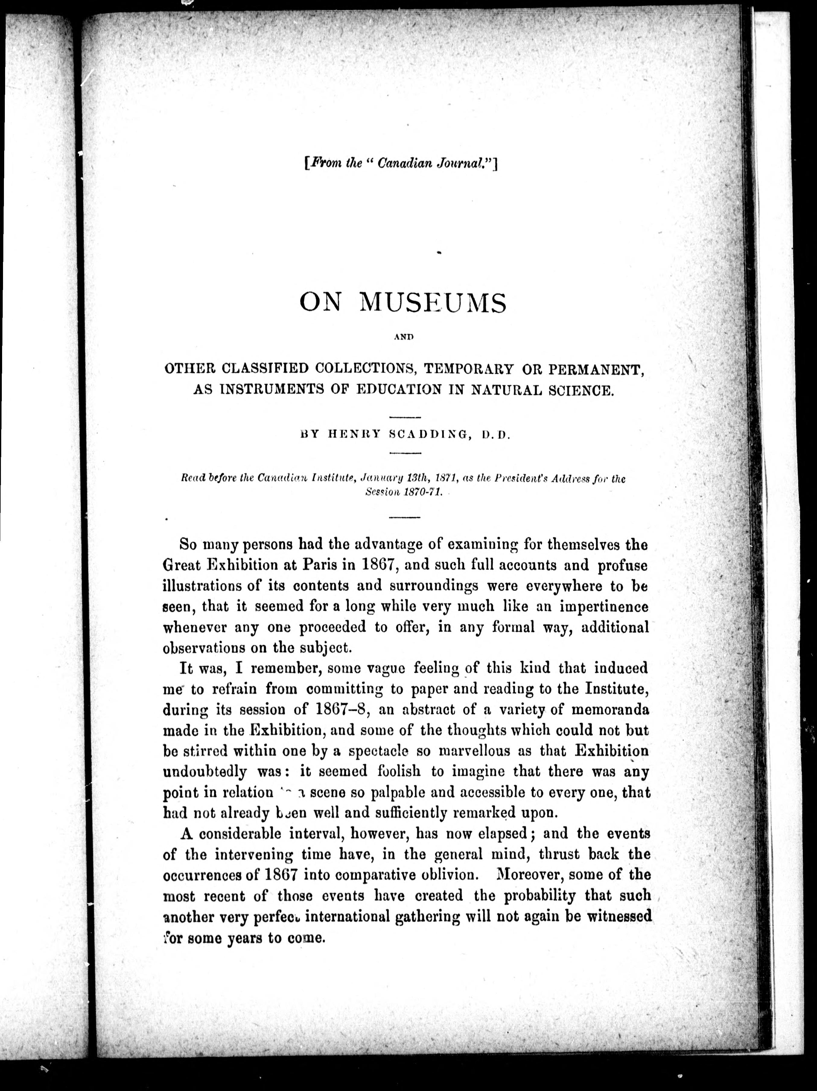 On Museums and Other Classified Collections, Temporary or Permanent, as Instruments of Education in Natural Science