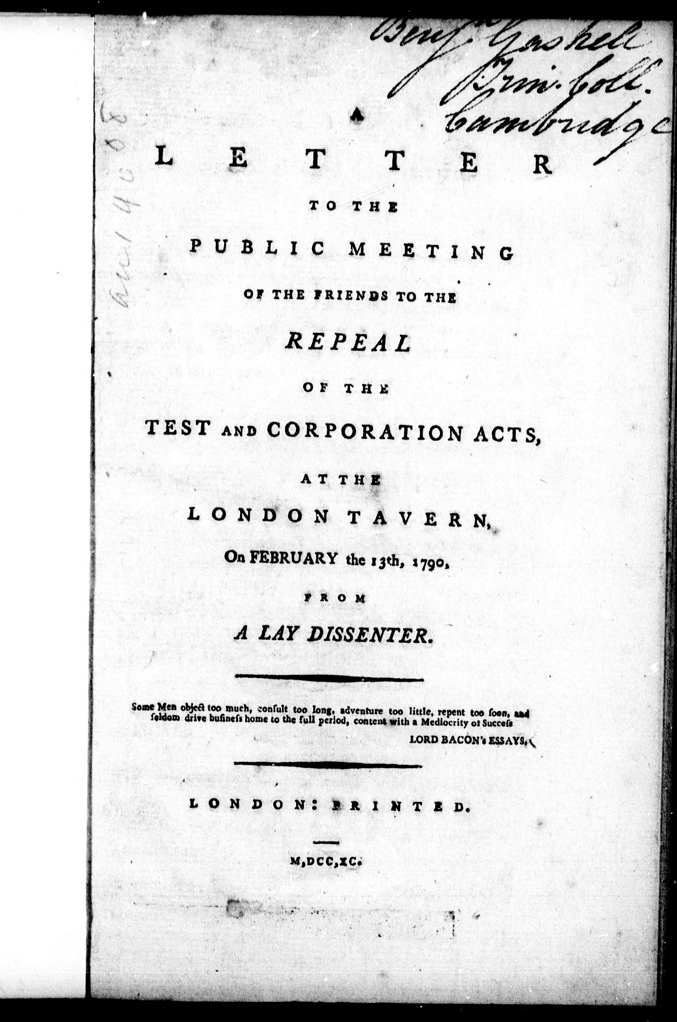 Letter to the Public Meeting of the Friends to the Repeal of the Test and Corporation Acts