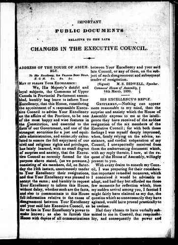 Important Public Documents Relative to the Late Changes in the Executive Council