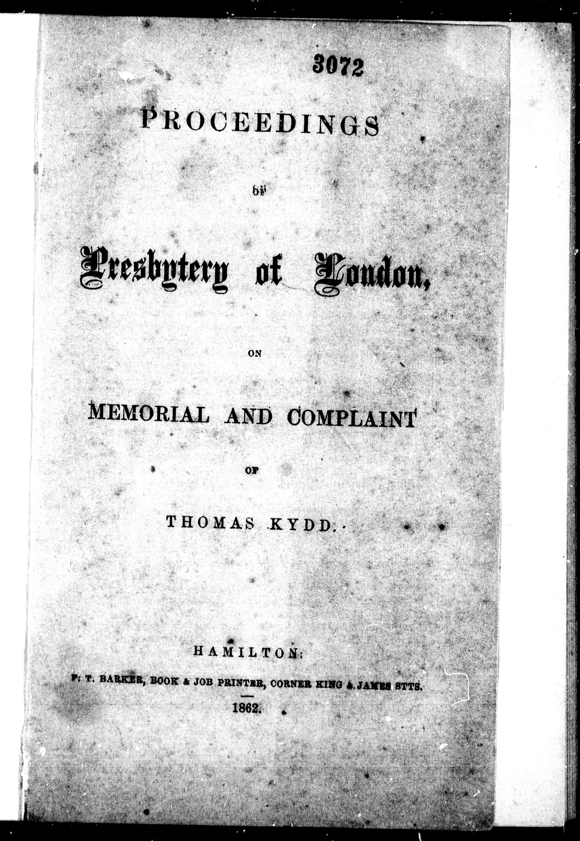 Proceedings Of Presbytery Of London On Memorial And Complaint Of Thomas Kydd