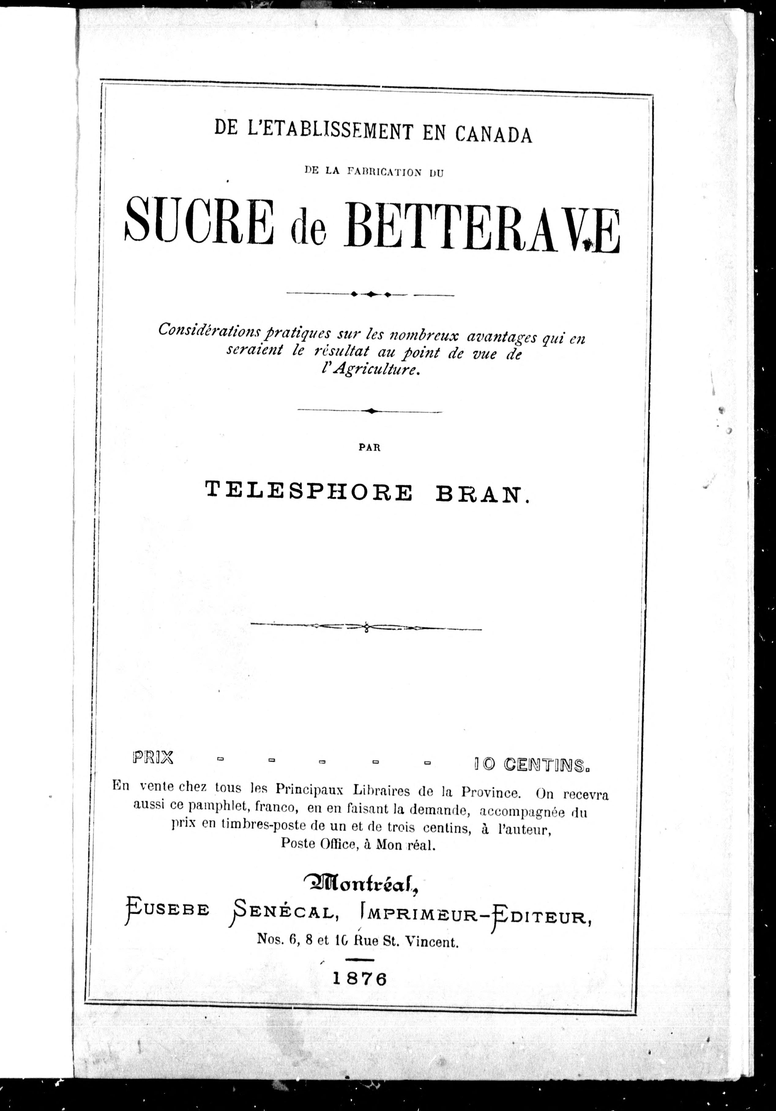 De L'Établissement En Canada De La Fabrication Du Sucre De Betterave