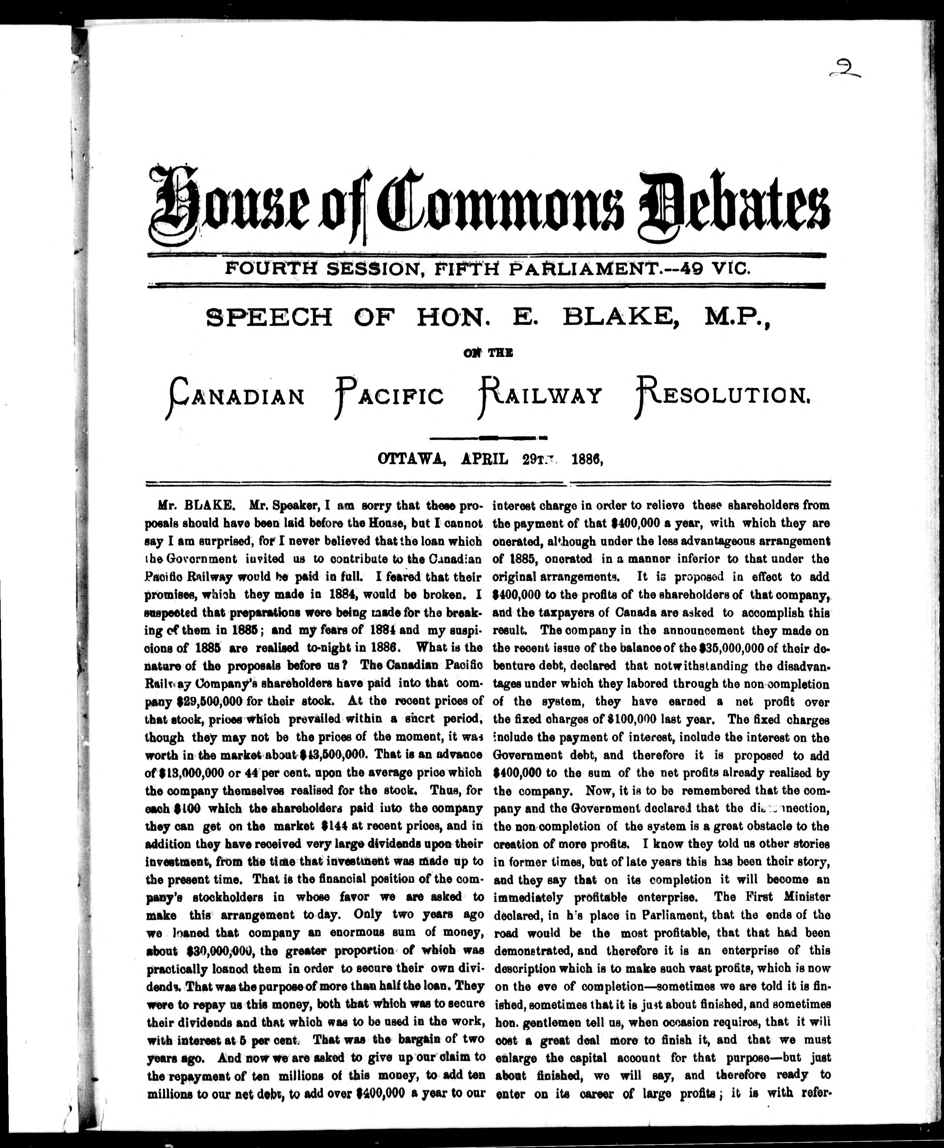 Speech of Hon. E. Blake, M.P., on the Canadian Pacific Railway Resolution