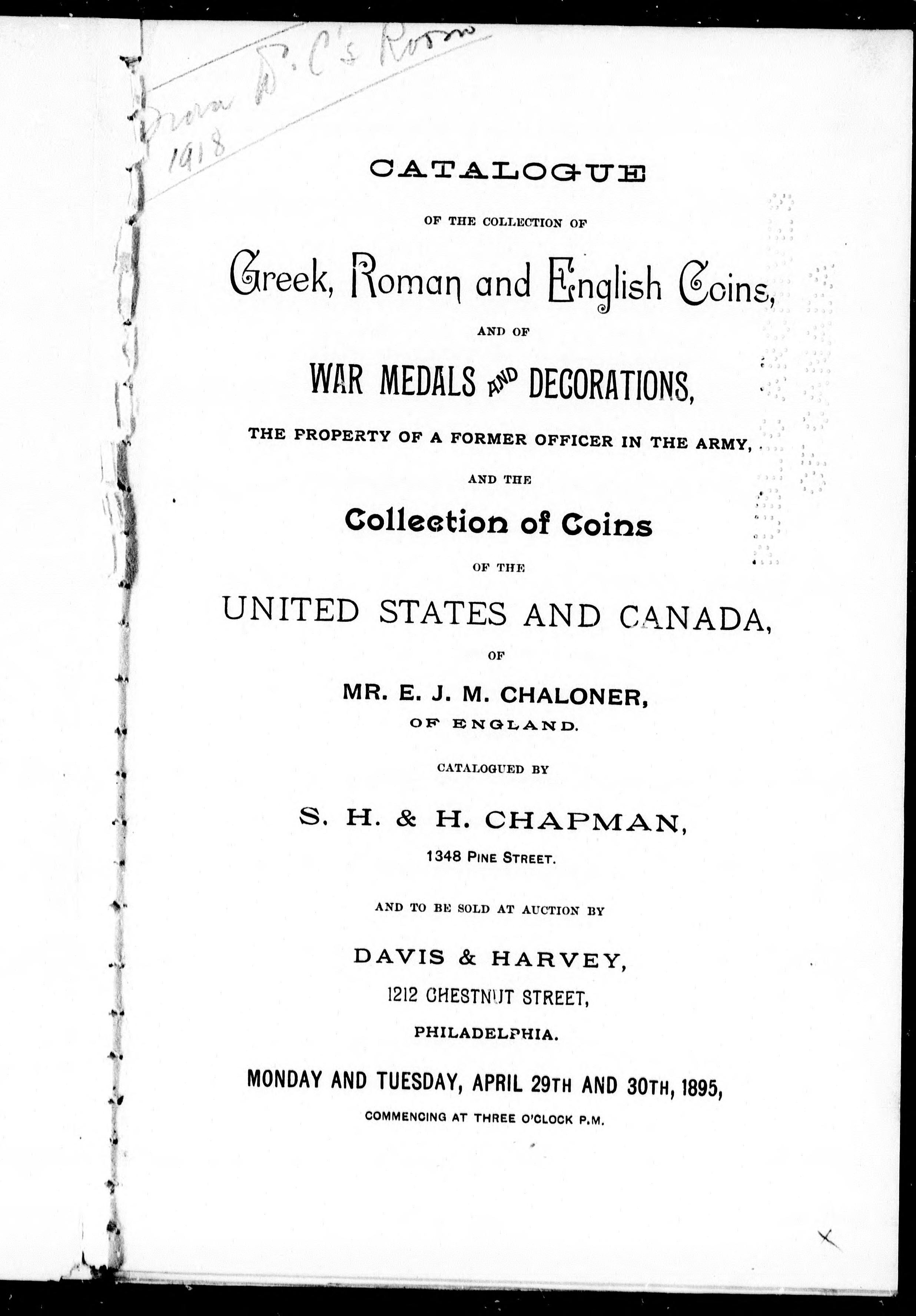 Catalogue of the Collection of Greek, Roman and English Coins and of War Medals and Decorations