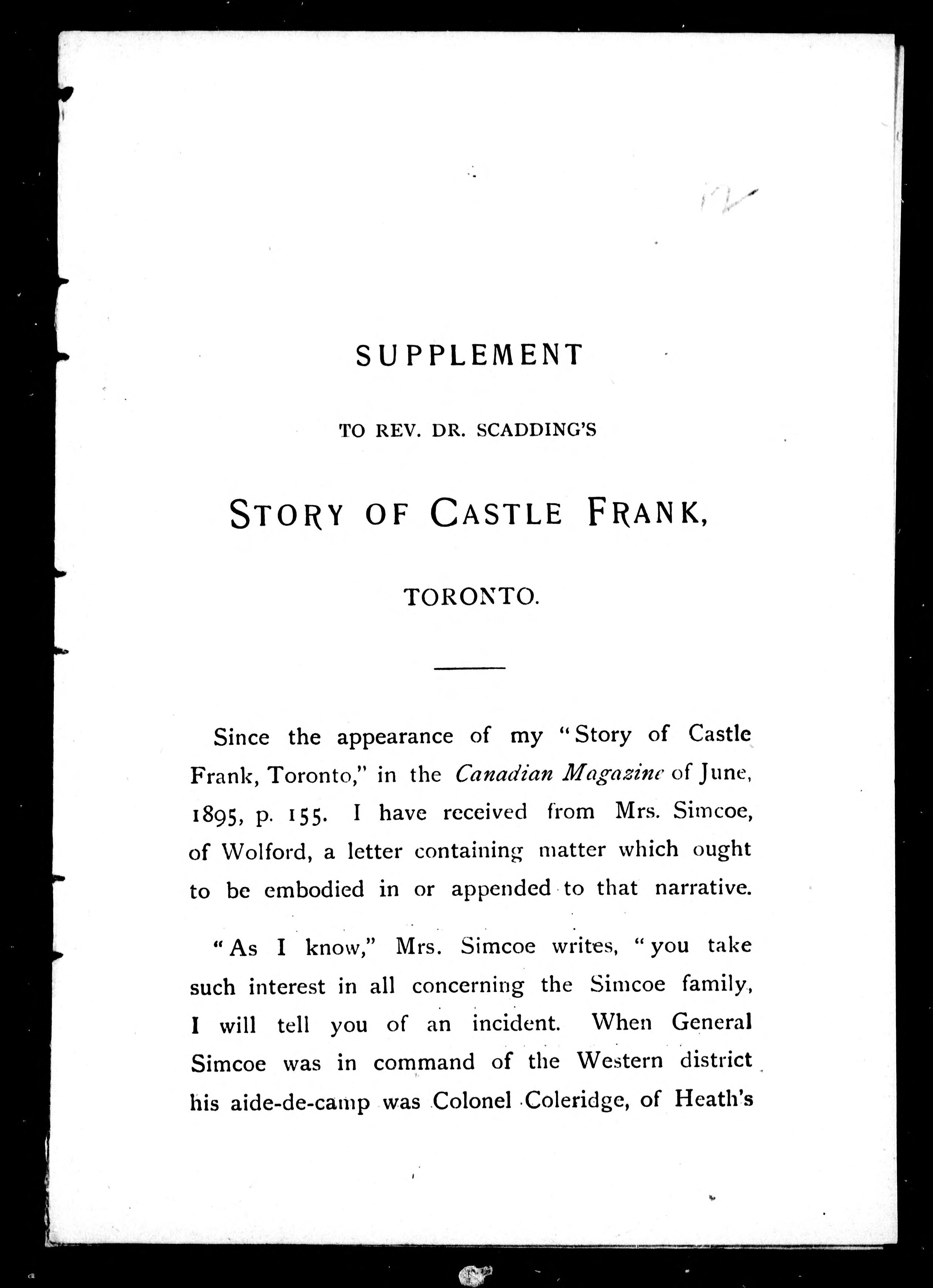 Supplement To Rev. Dr. Scadding'S Story Of Castle Frank, Toronto