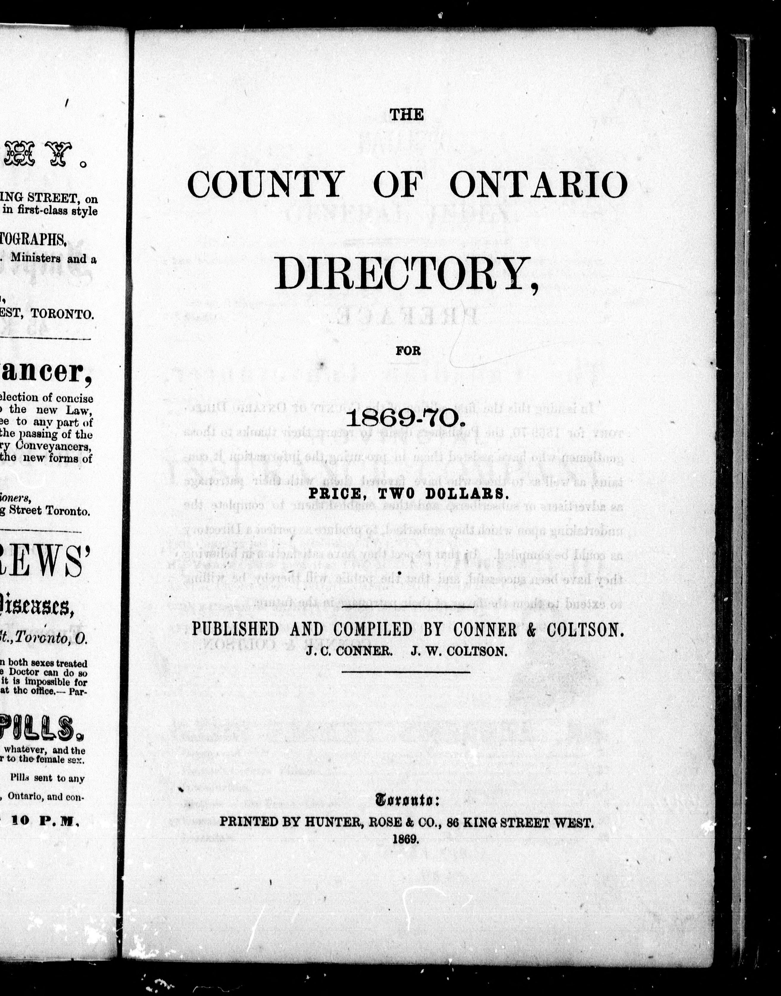 The County of Ontario Directory For 1869-70