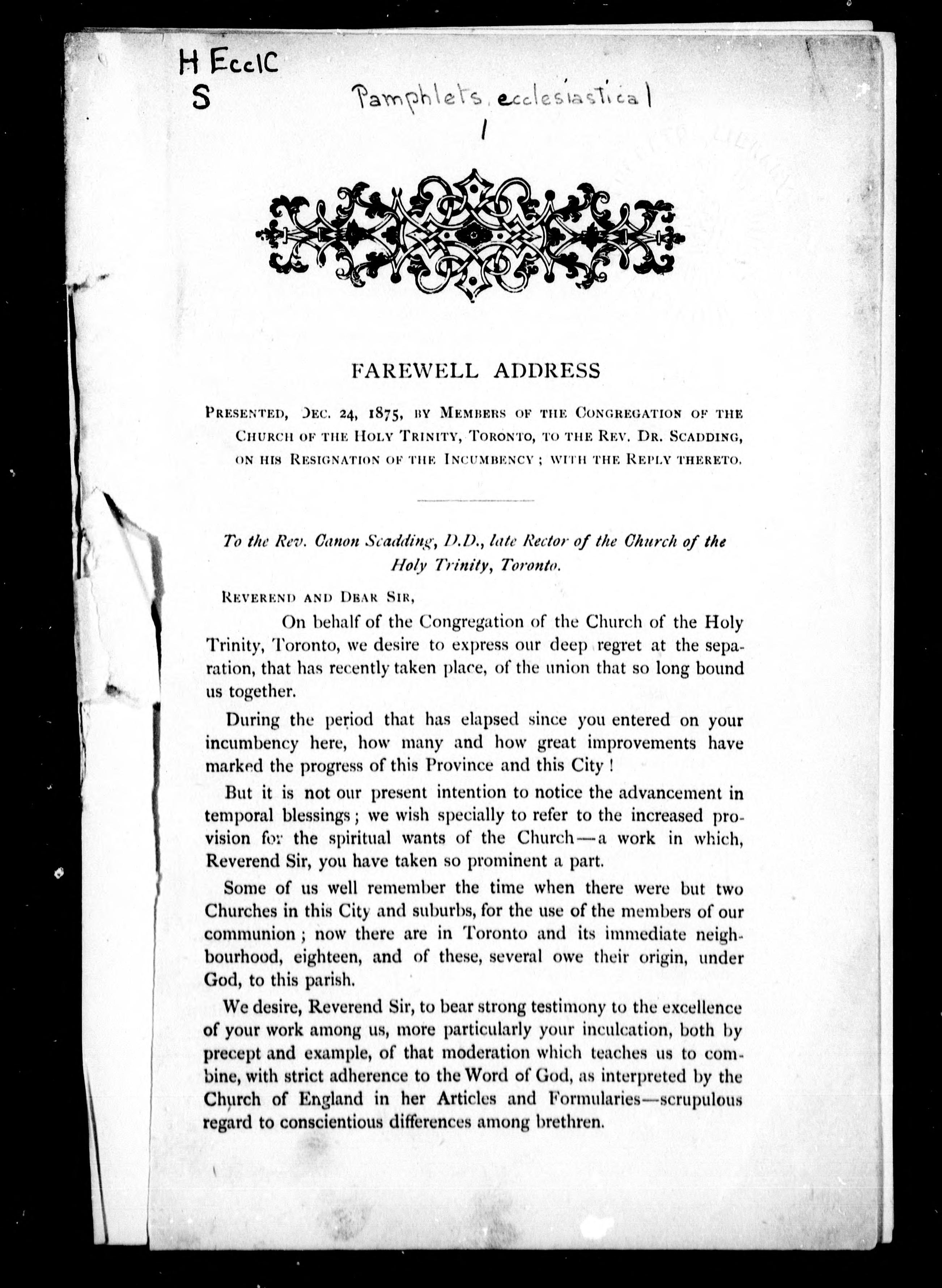 Farewell Address Presented, Dec. 24, 1875, by Members of the Congregation of the Church of the Holy Trinity, Toronto, to the Rev. Dr. Scadding, on His Resignation of the Incumbency
